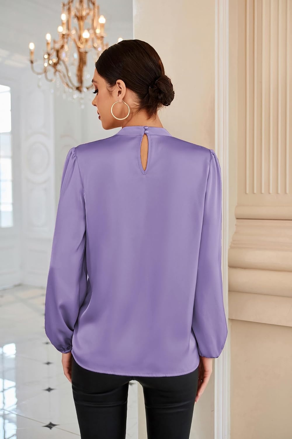 image:imageGRACE KARIN Women Business Casual Long Sleeve Satin BlouseLight Purple