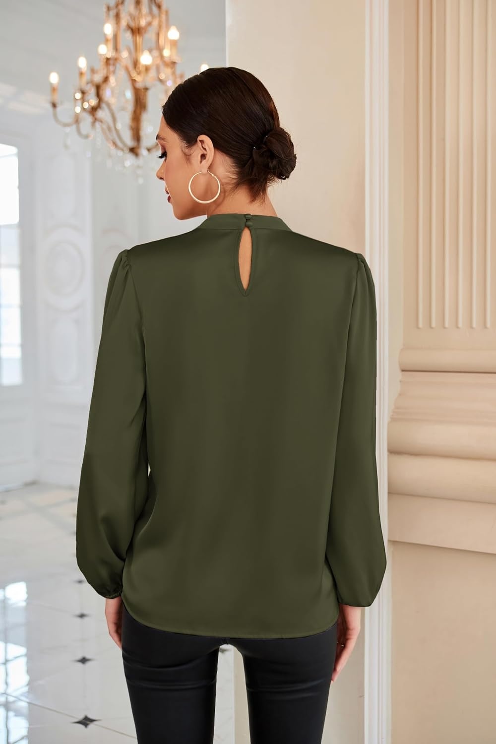 image:imageGRACE KARIN Women Business Casual Long Sleeve Satin BlouseOlive Green