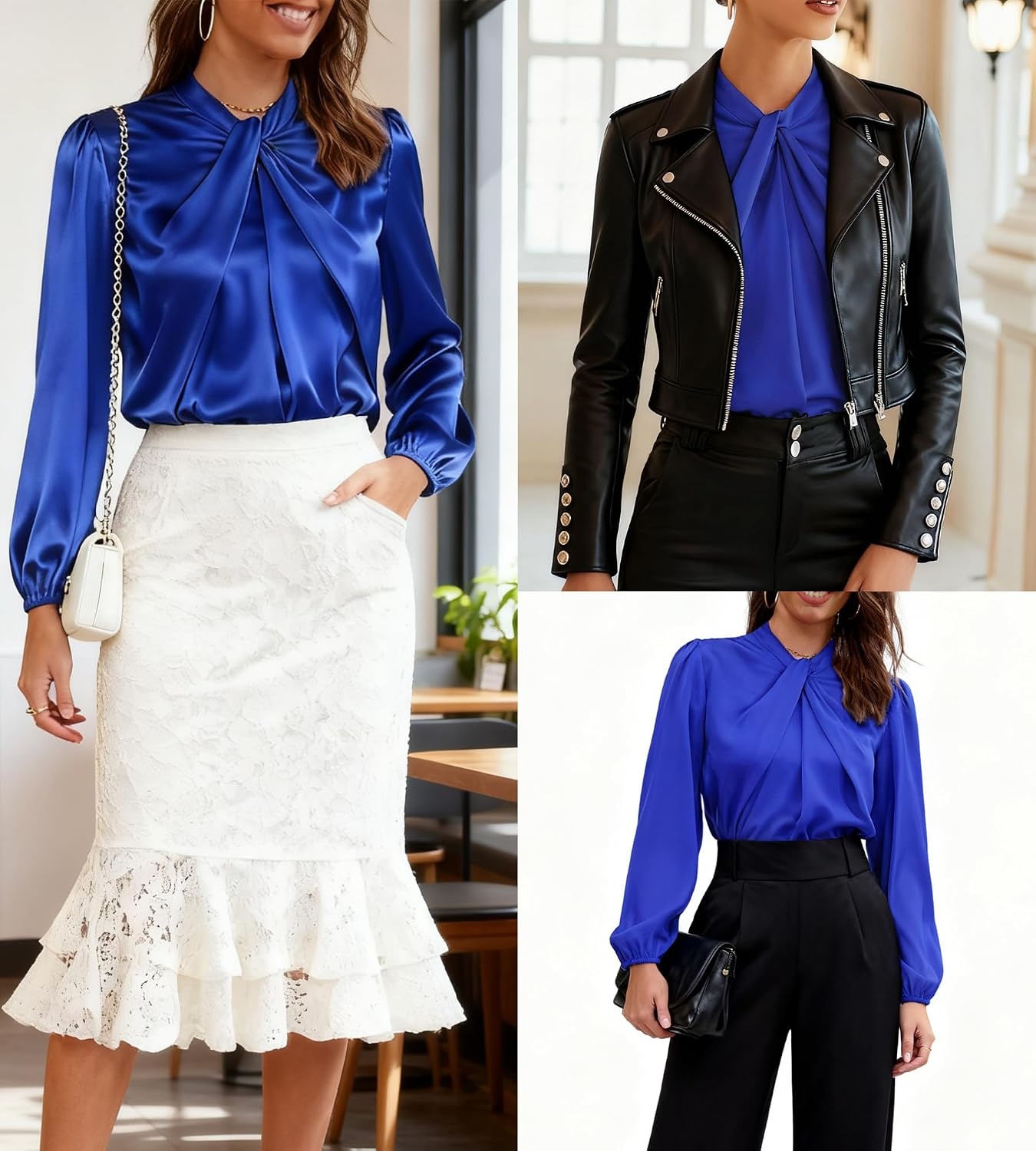 image:imageGRACE KARIN Women Business Casual Long Sleeve Satin BlouseRoyal Blue