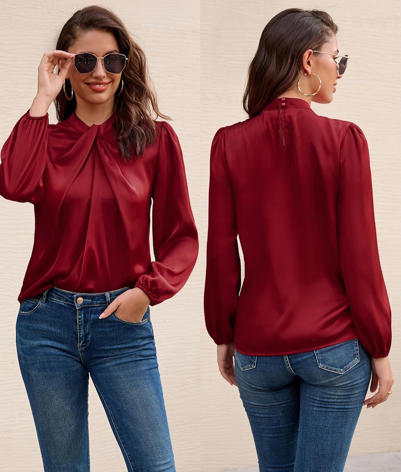 image:imageGRACE KARIN Women Business Casual Long Sleeve Satin BlouseWine Red