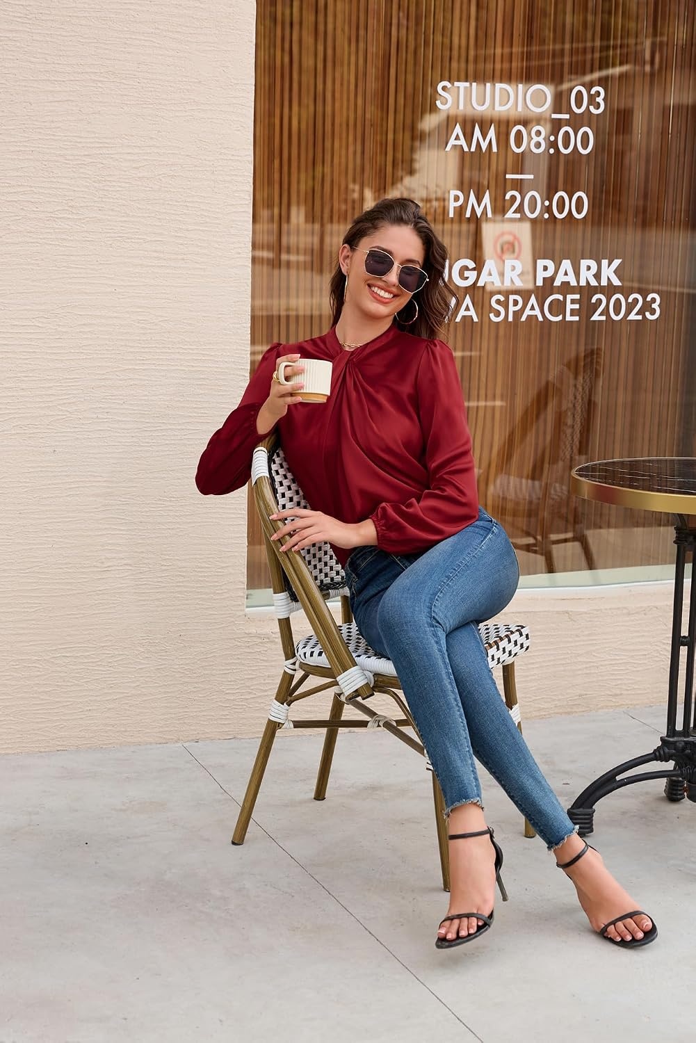 image:imageGRACE KARIN Women Business Casual Long Sleeve Satin BlouseWine Red