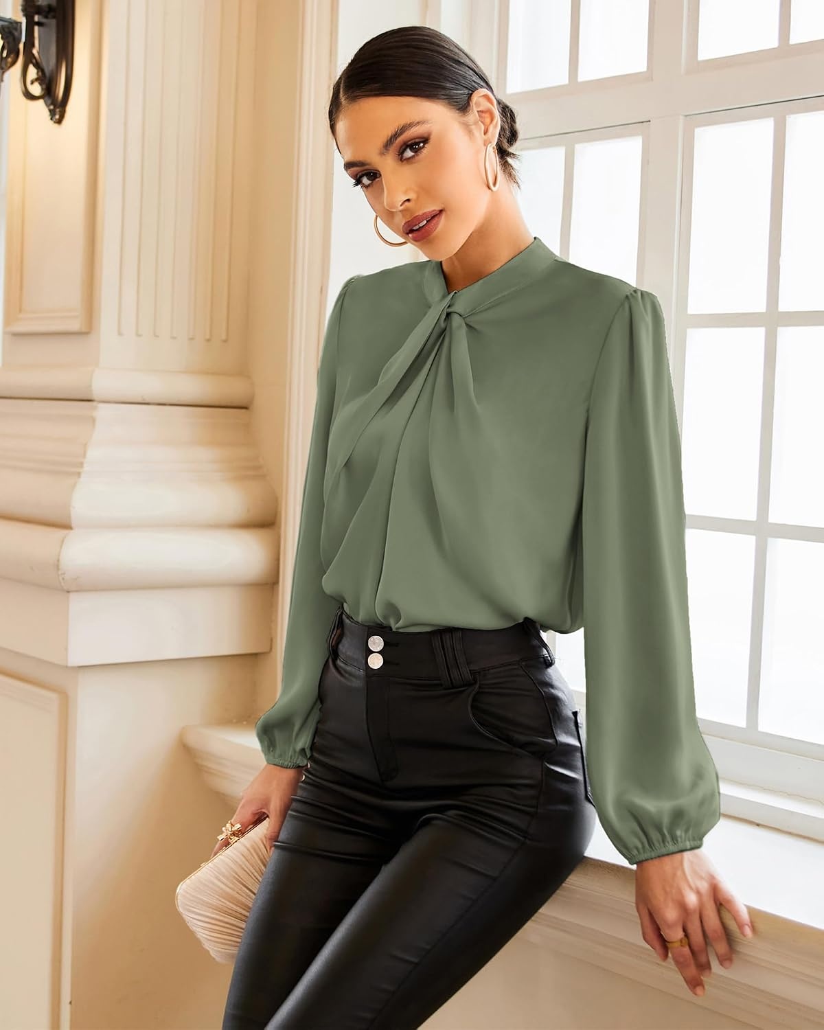 image:imageGRACE KARIN Women Business Casual Long Sleeve Satin BlouseYellow Green