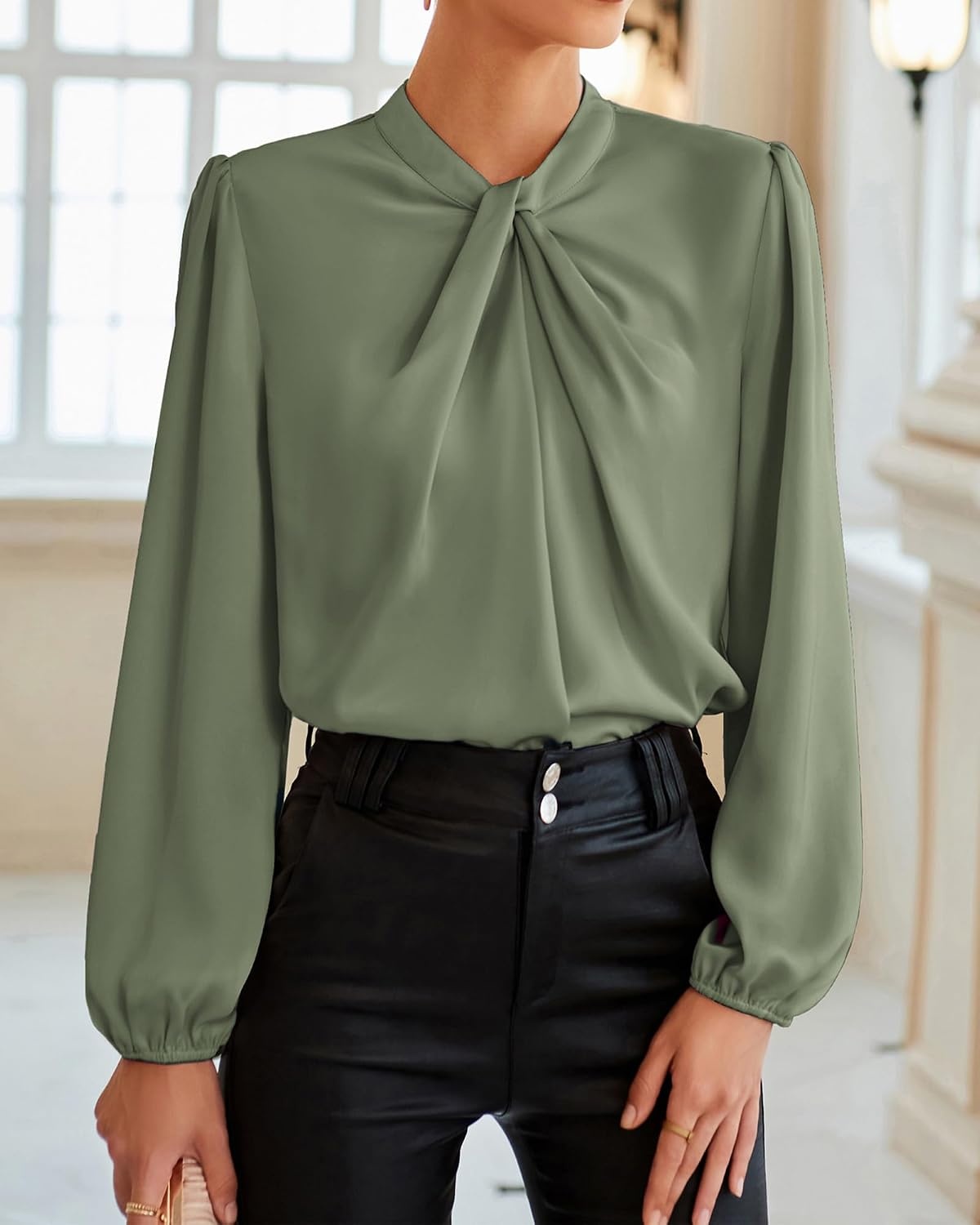 image:imageGRACE KARIN Women Business Casual Long Sleeve Satin BlouseYellow Green