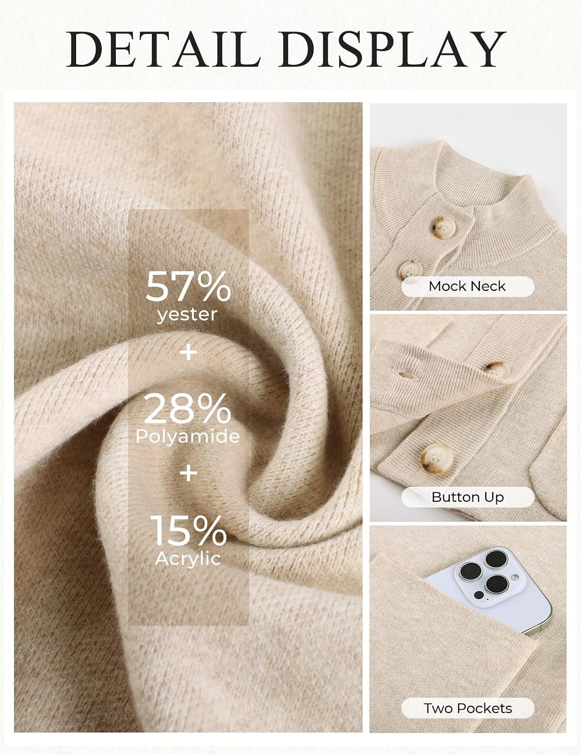 image:imageGRACE KARIN Women Chunky Knit Cardigan Sweater Button Up Mock Neck JacketBeige