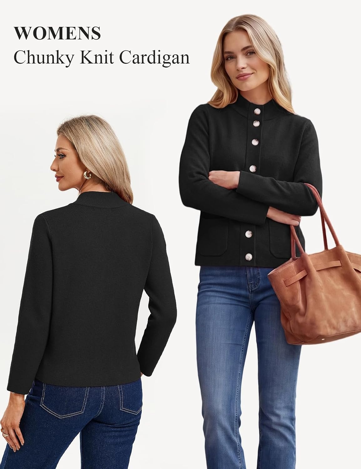 image:imageGRACE KARIN Women Chunky Knit Cardigan Sweater Button Up Mock Neck JacketBlack