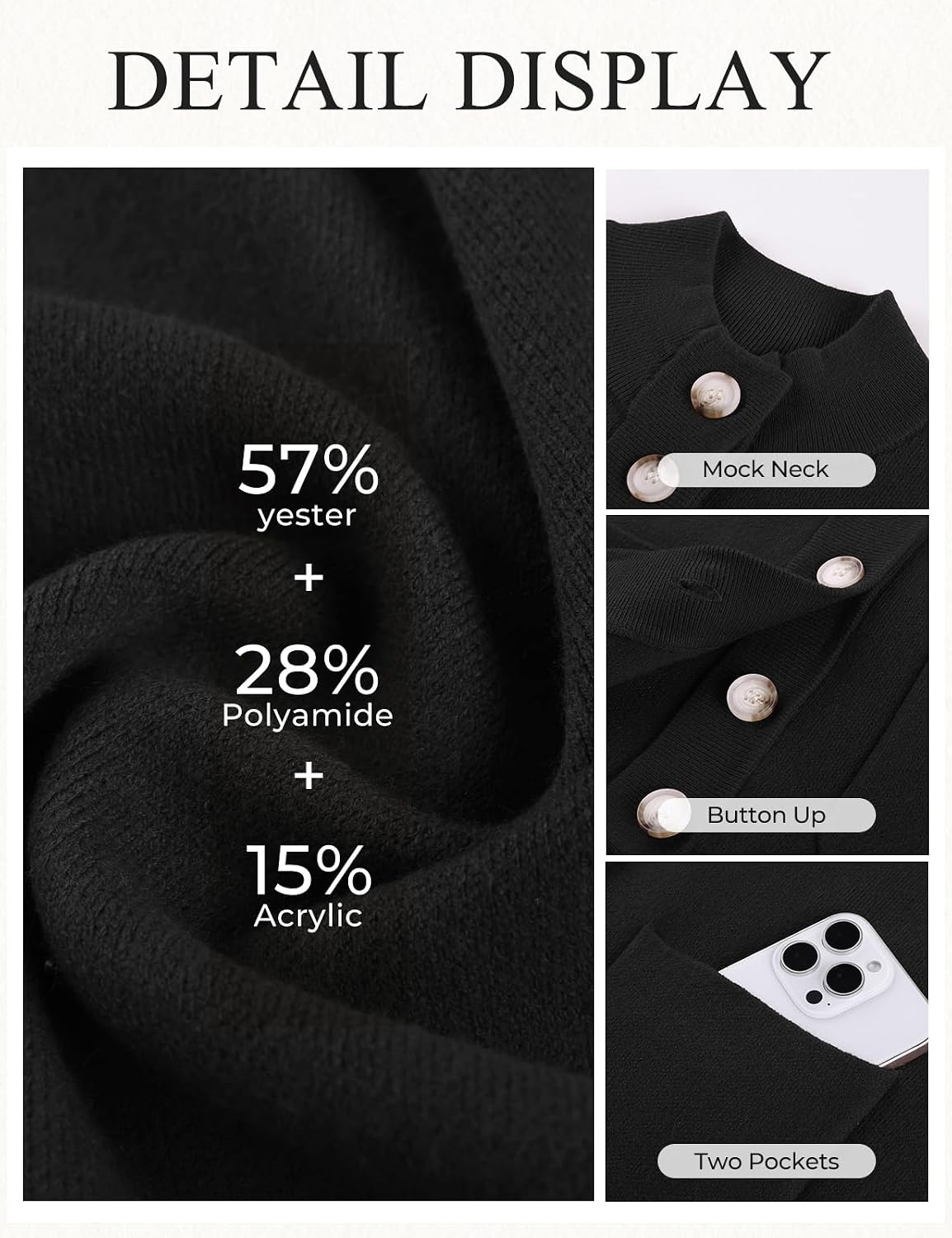 image:imageGRACE KARIN Women Chunky Knit Cardigan Sweater Button Up Mock Neck JacketBlack