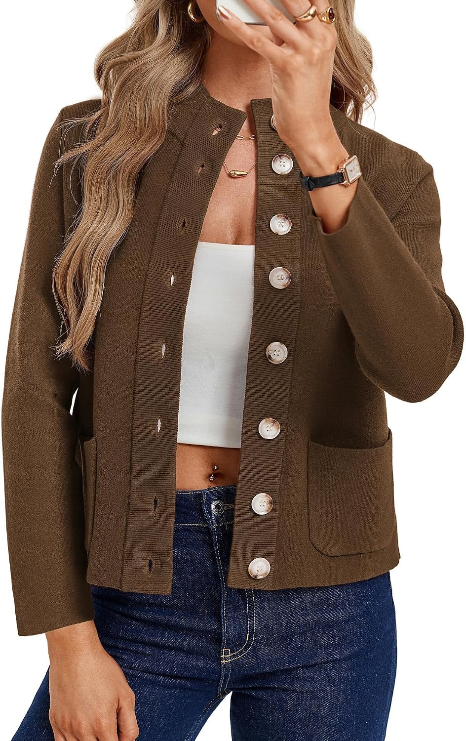 image:imageGRACE KARIN Women Chunky Knit Cardigan Sweater Button Up Mock Neck JacketDark Brown