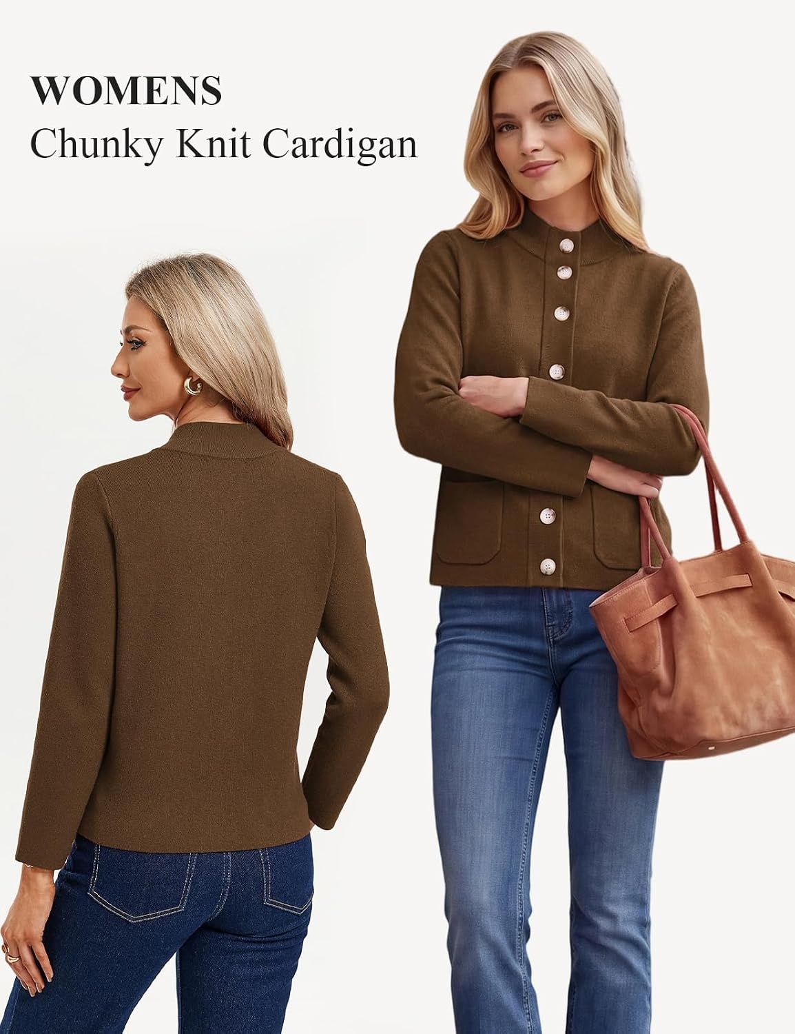 image:imageGRACE KARIN Women Chunky Knit Cardigan Sweater Button Up Mock Neck JacketDark Brown