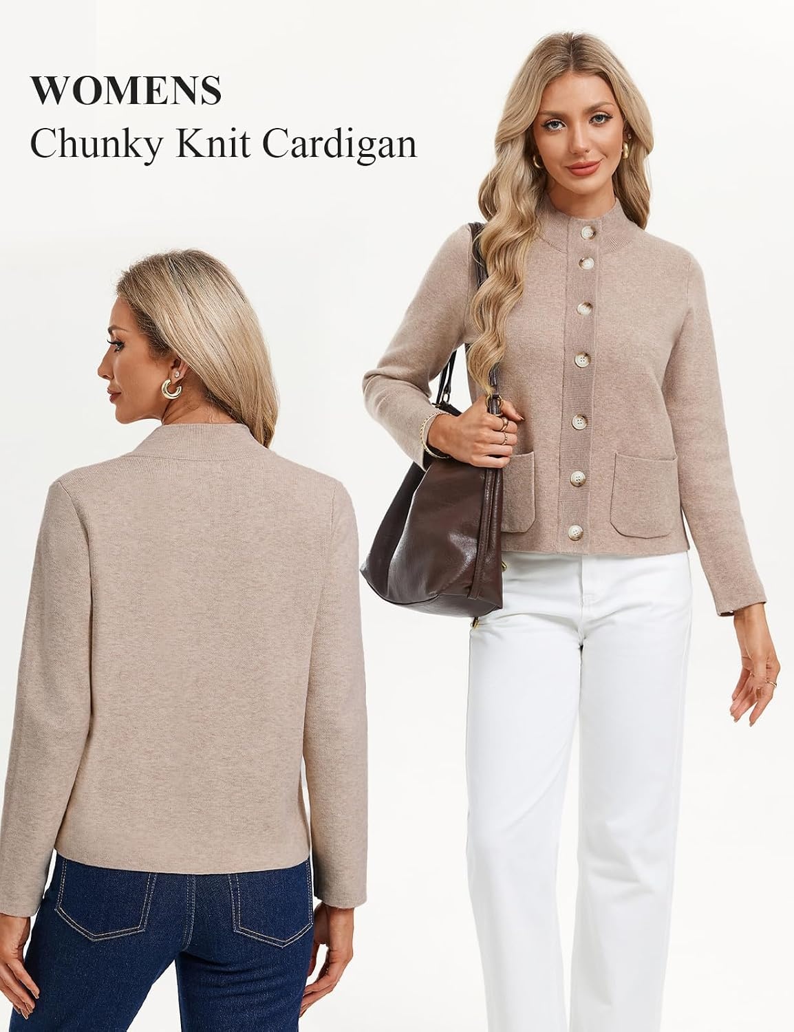 image:imageGRACE KARIN Women Chunky Knit Cardigan Sweater Button Up Mock Neck JacketKhaki