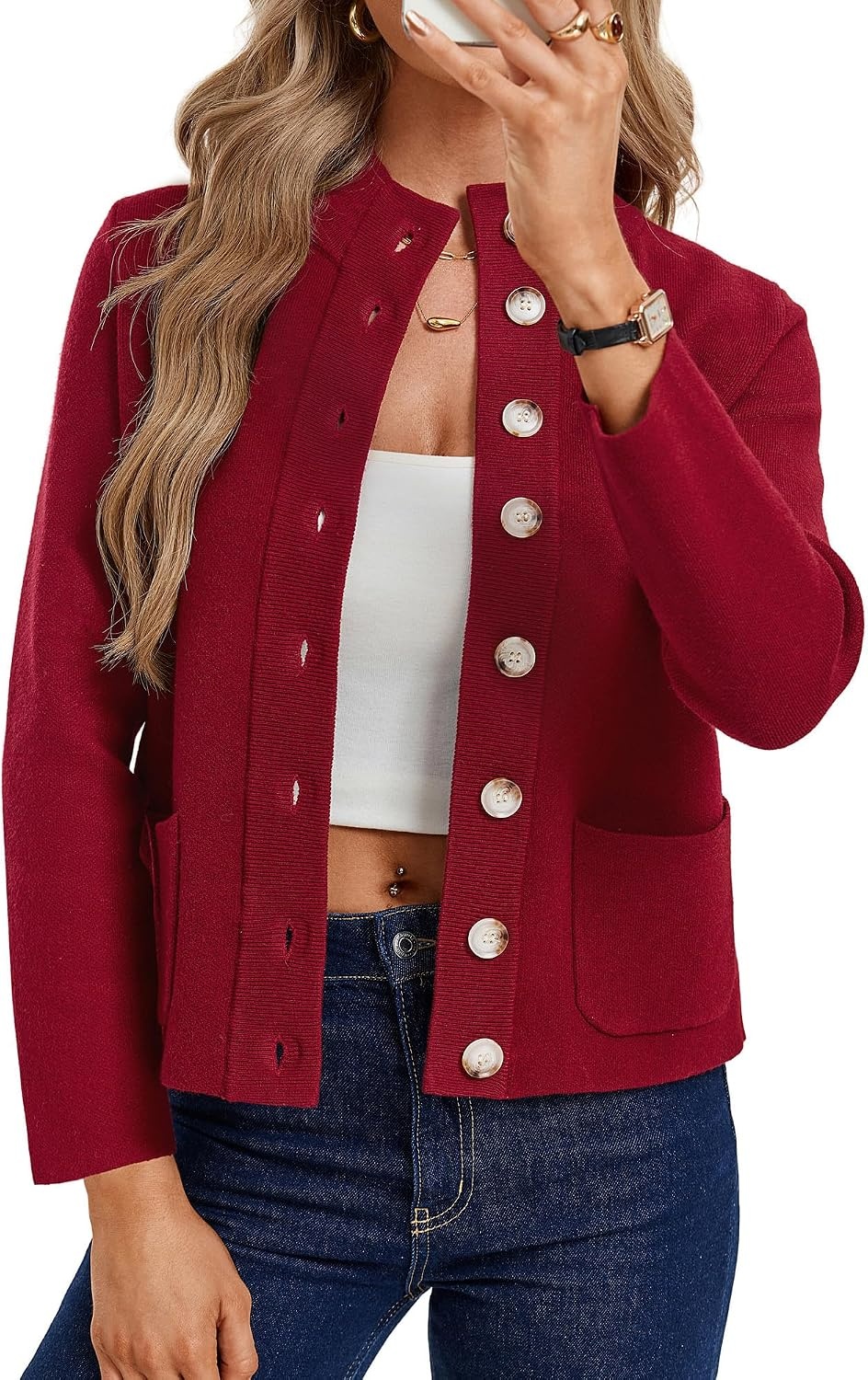 image:imageGRACE KARIN Women Chunky Knit Cardigan Sweater Button Up Mock Neck JacketWine Red
