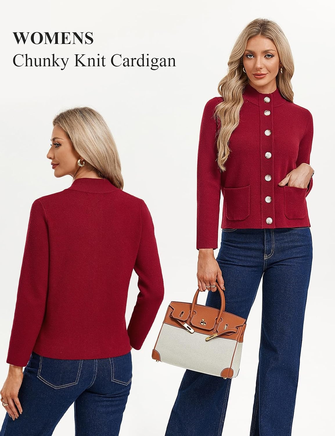 image:imageGRACE KARIN Women Chunky Knit Cardigan Sweater Button Up Mock Neck JacketWine Red