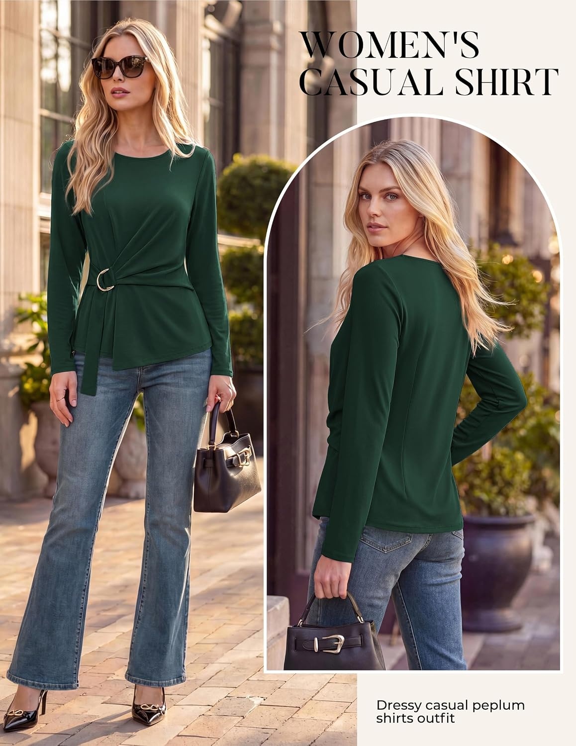 image:imageGRACE KARIN Women Long Sleeve Peplum Top Dressy Casual ShirtDark Green