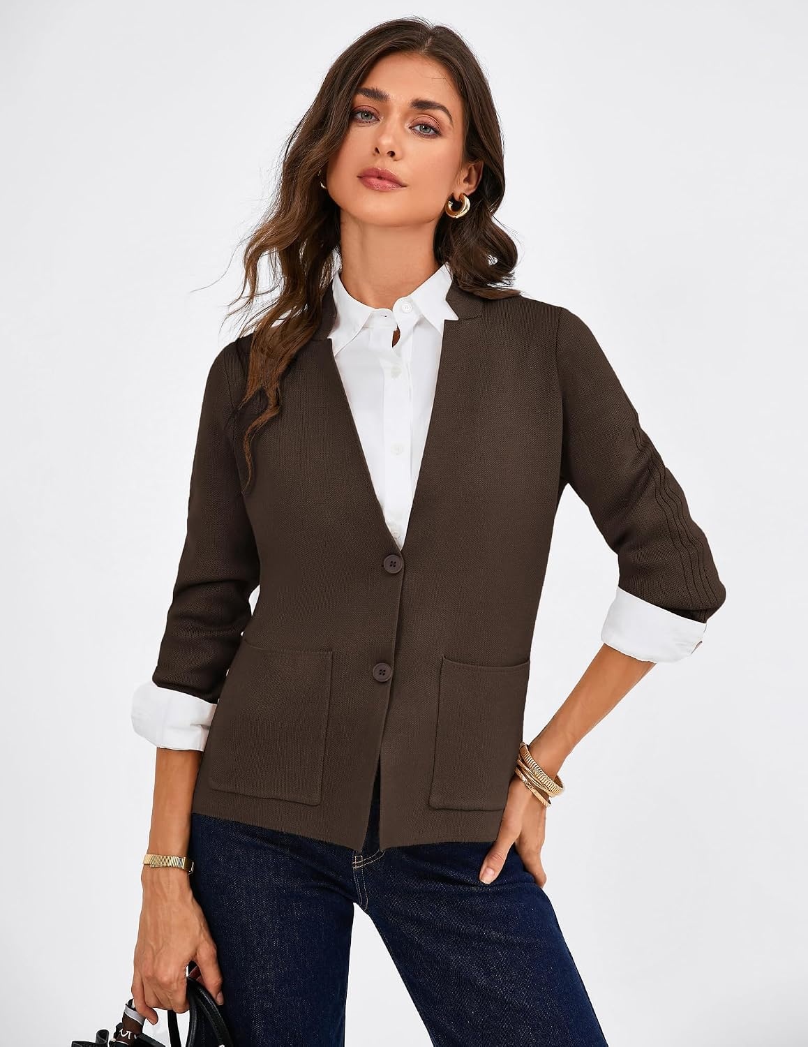 image:imageGRACE KARIN Women Sweater Blazer Business Casual Blazers Knit Fall CardiganBrown