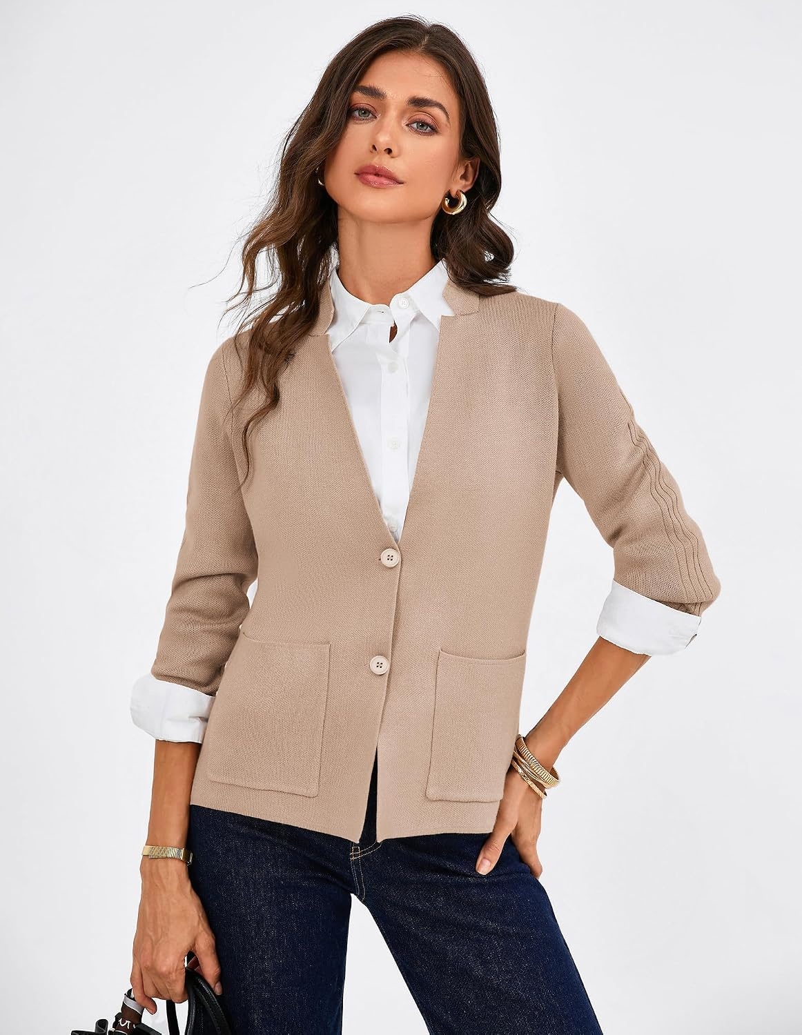 image:imageGRACE KARIN Women Sweater Blazer Business Casual Blazers Knit Fall CardiganCamel