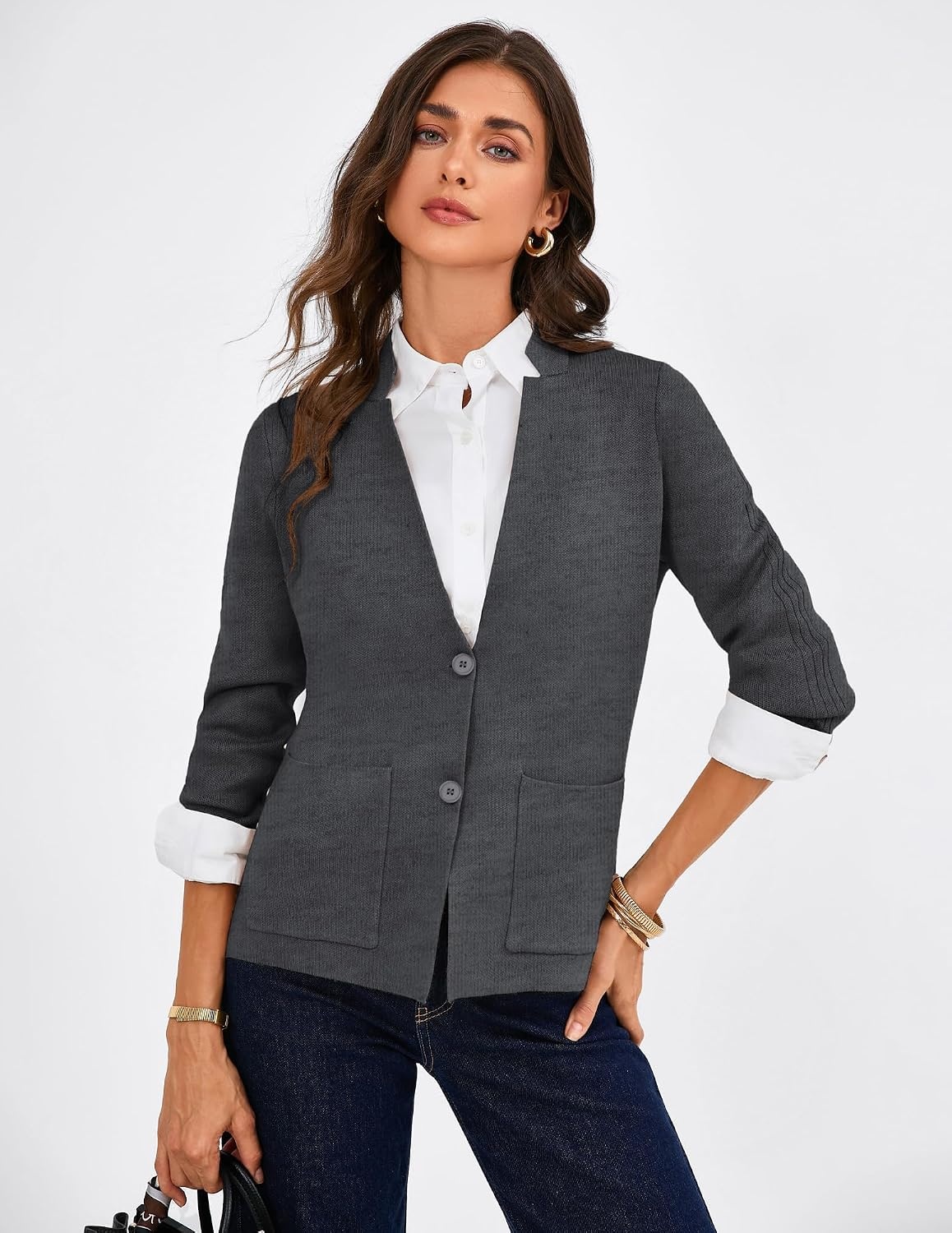 image:imageGRACE KARIN Women Sweater Blazer Business Casual Blazers Knit Fall CardiganDark Grey