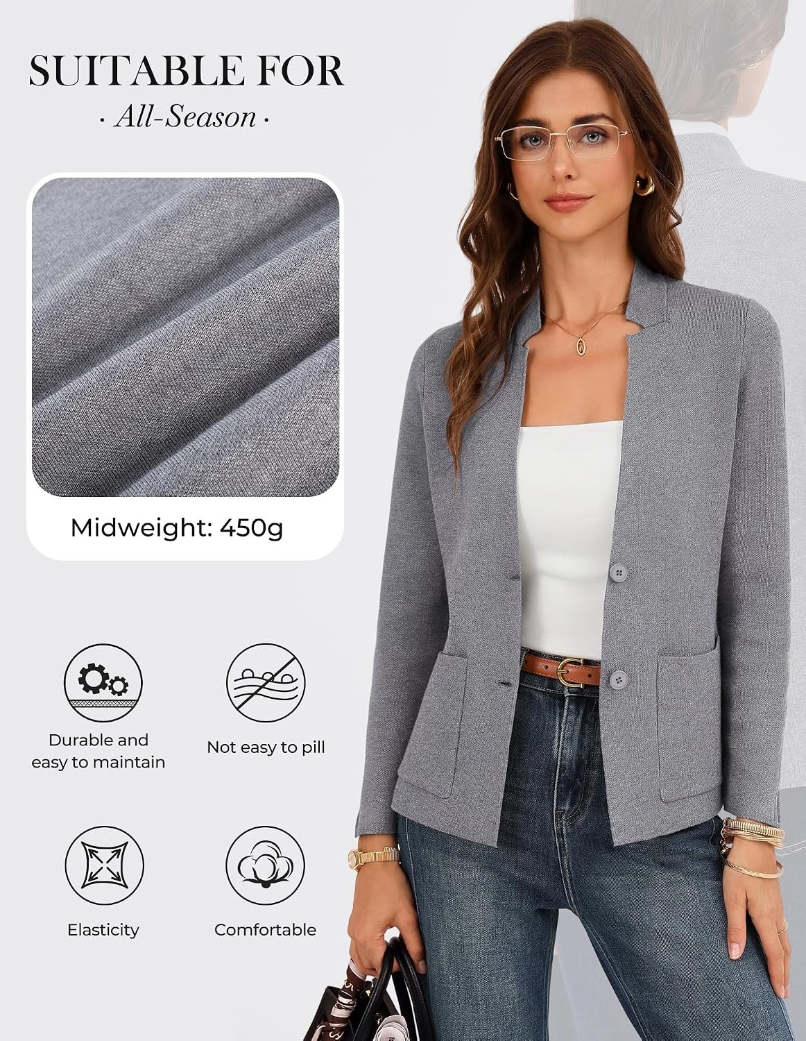 image:imageGRACE KARIN Women Sweater Blazer Business Casual Blazers Knit Fall CardiganGrey