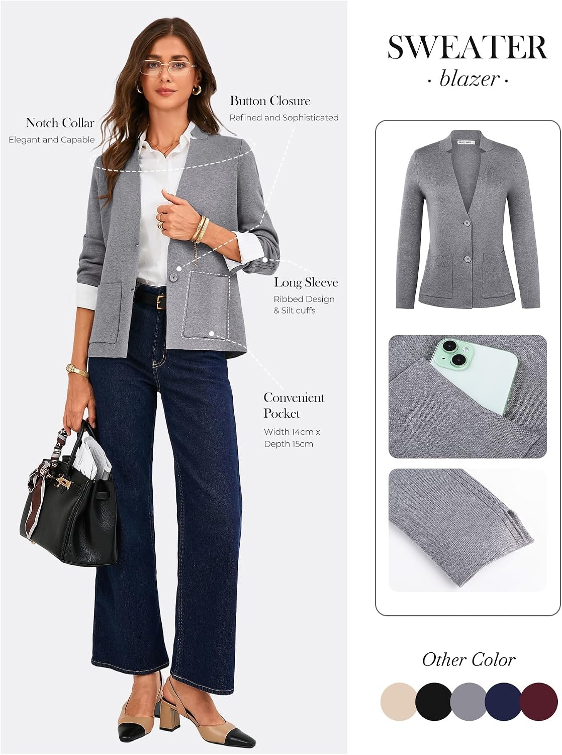 image:imageGRACE KARIN Women Sweater Blazer Business Casual Blazers Knit Fall CardiganGrey