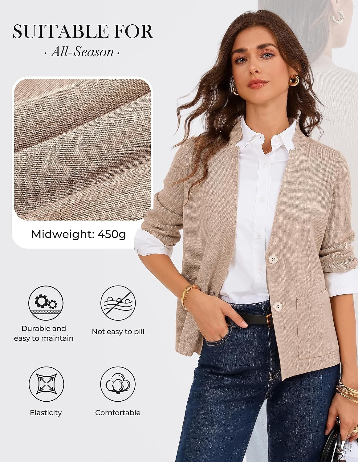 image:imageGRACE KARIN Women Sweater Blazer Business Casual Blazers Knit Fall CardiganKhaki