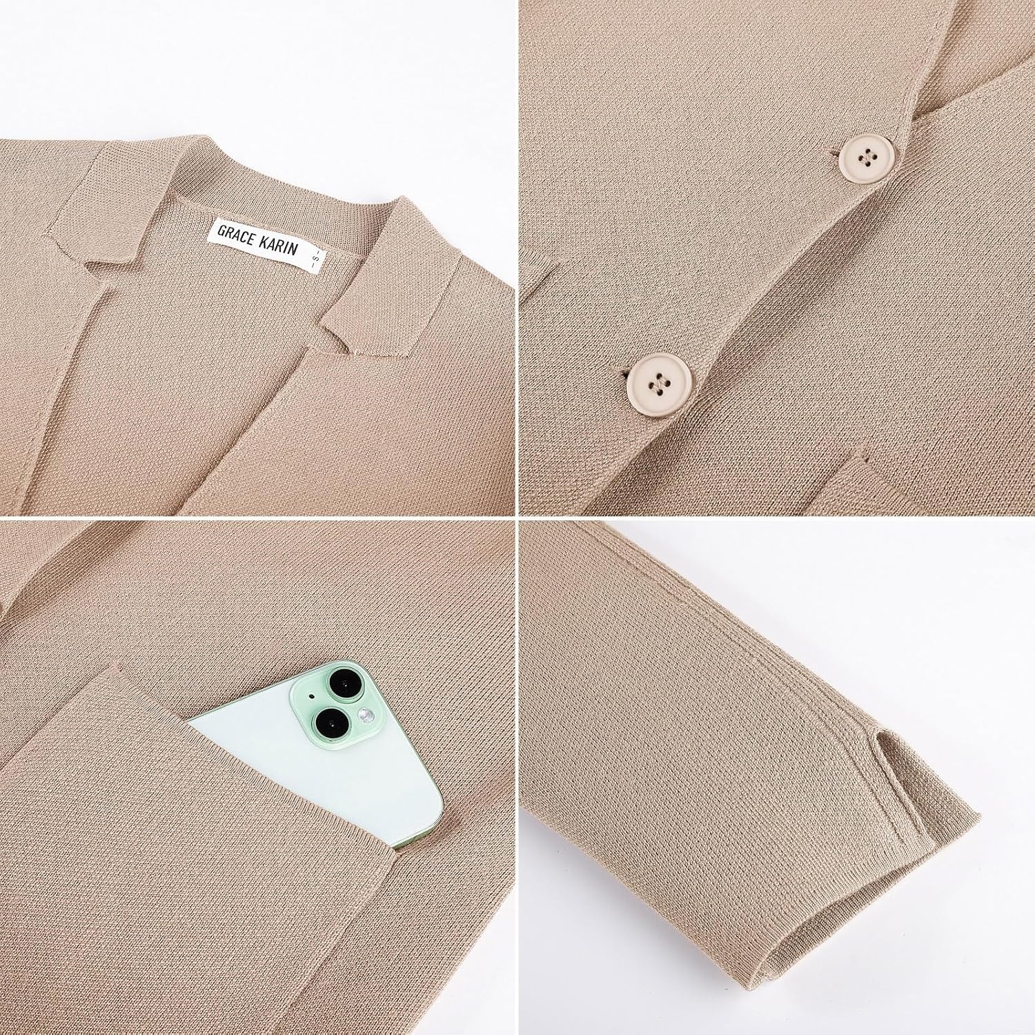 image:imageGRACE KARIN Women Sweater Blazer Business Casual Blazers Knit Fall CardiganKhaki