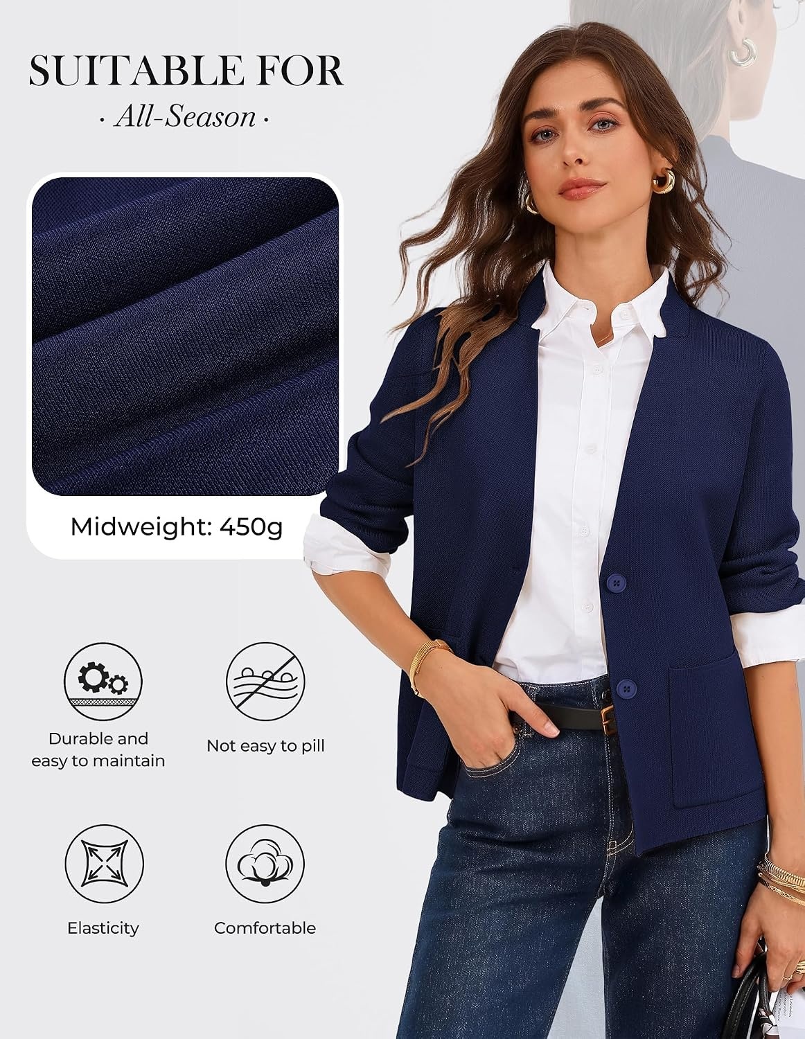 image:imageGRACE KARIN Women Sweater Blazer Business Casual Blazers Knit Fall CardiganNavy Blue