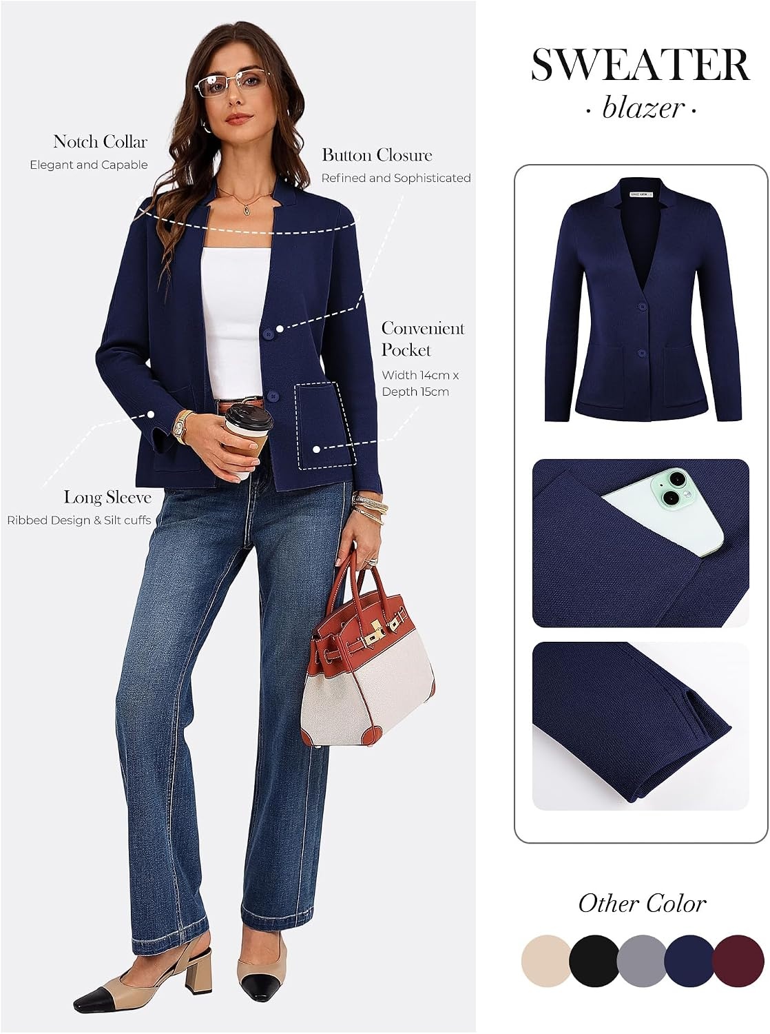 image:imageGRACE KARIN Women Sweater Blazer Business Casual Blazers Knit Fall CardiganNavy Blue