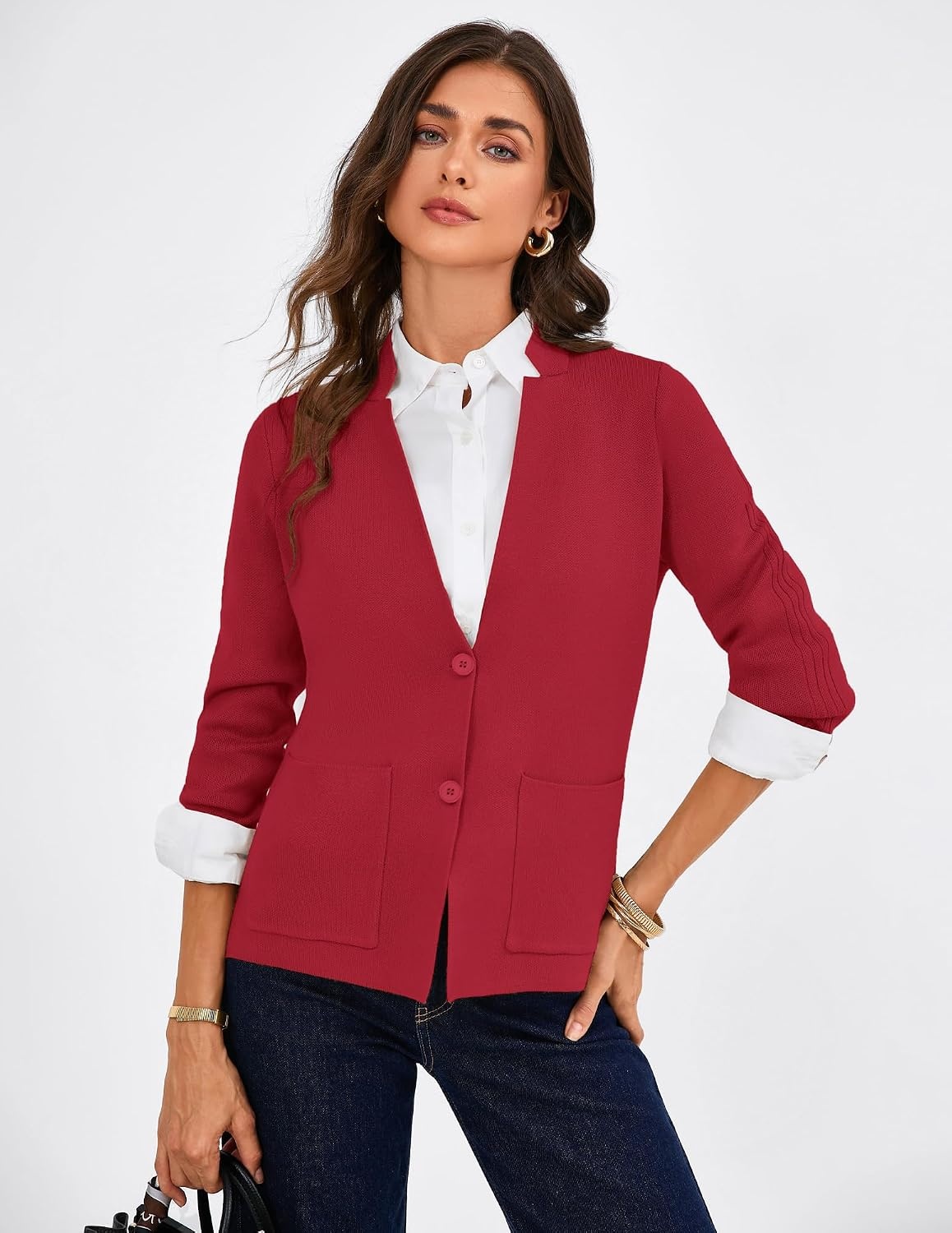 image:imageGRACE KARIN Women Sweater Blazer Business Casual Blazers Knit Fall CardiganRed