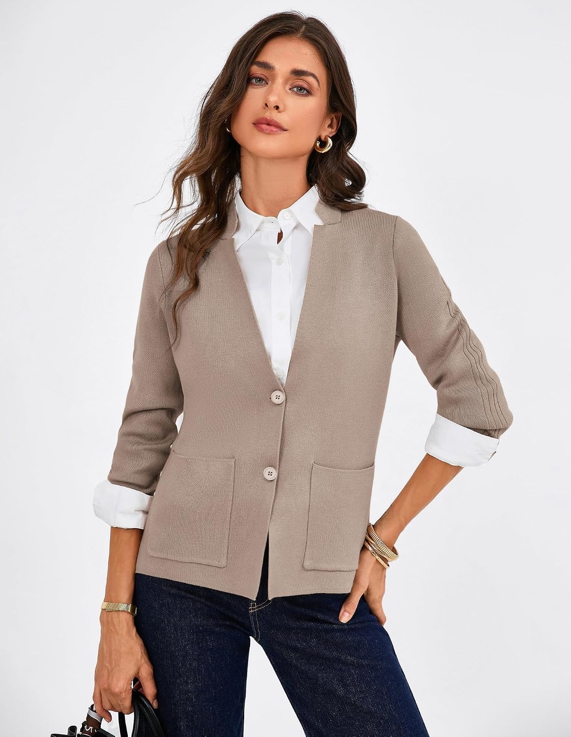 image:imageGRACE KARIN Women Sweater Blazer Business Casual Blazers Knit Fall CardiganVintage Khaki
