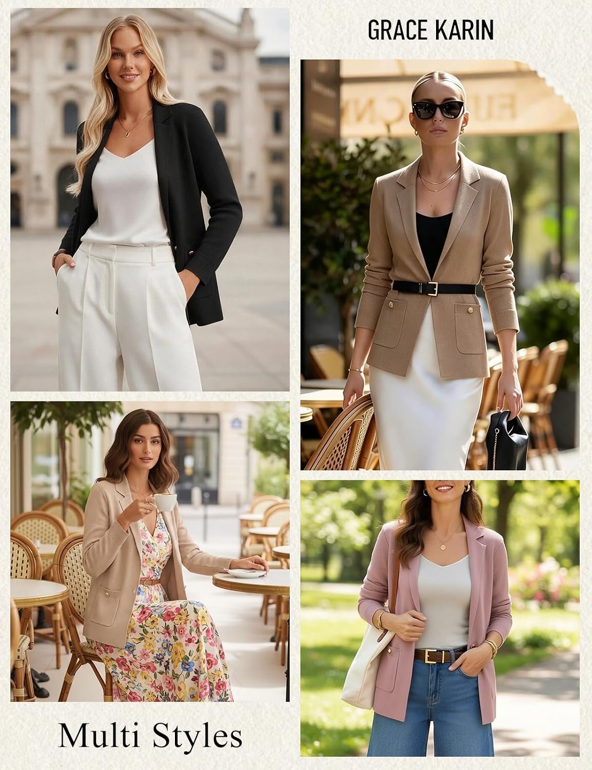 image:imageGRACE KARIN Women Sweater Blazers Business Casual Long Sleeve Work Cardigan Open Front Lapel Suit Jackets with PocketsNavy Striped