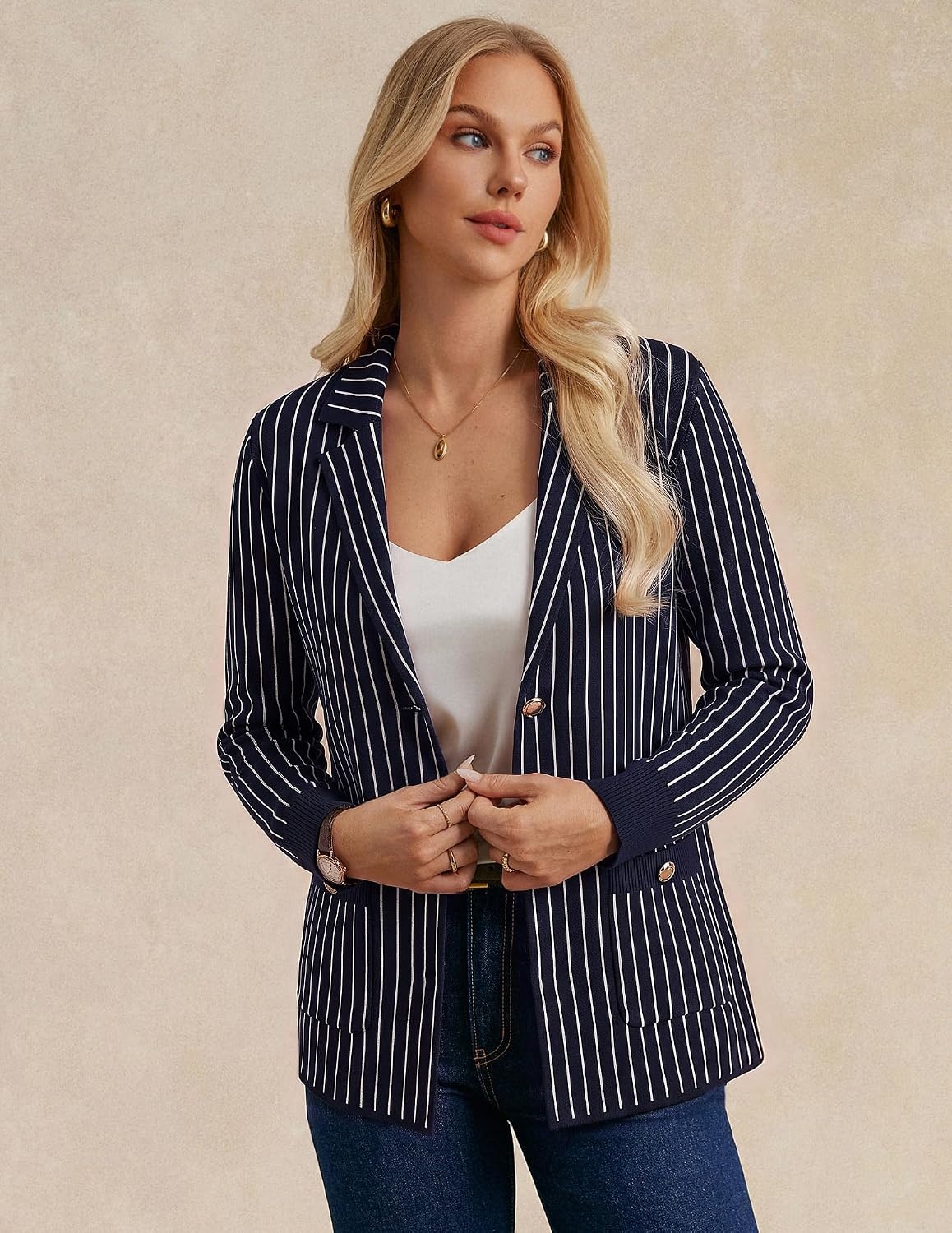 image:imageGRACE KARIN Women Sweater Blazers Business Casual Long Sleeve Work Cardigan Open Front Lapel Suit Jackets with PocketsNavy Striped