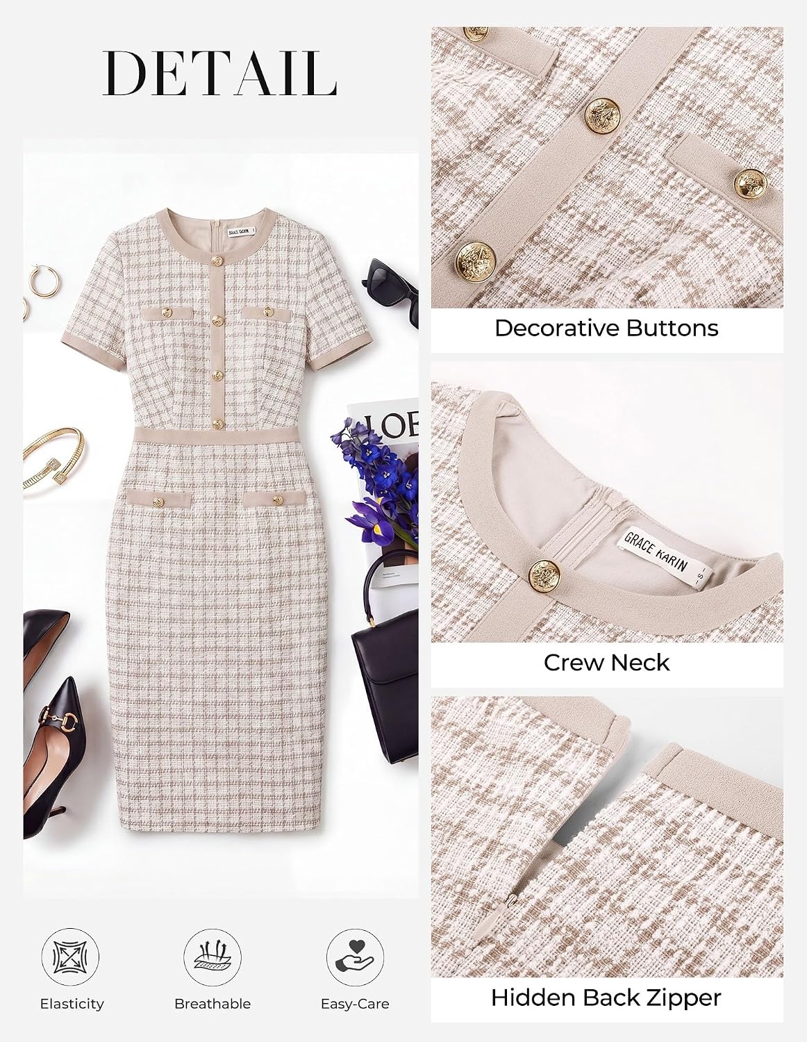image:imageGRACE KARIN Women Work Business Short Sleeve Bodycon Tweed DressApricot