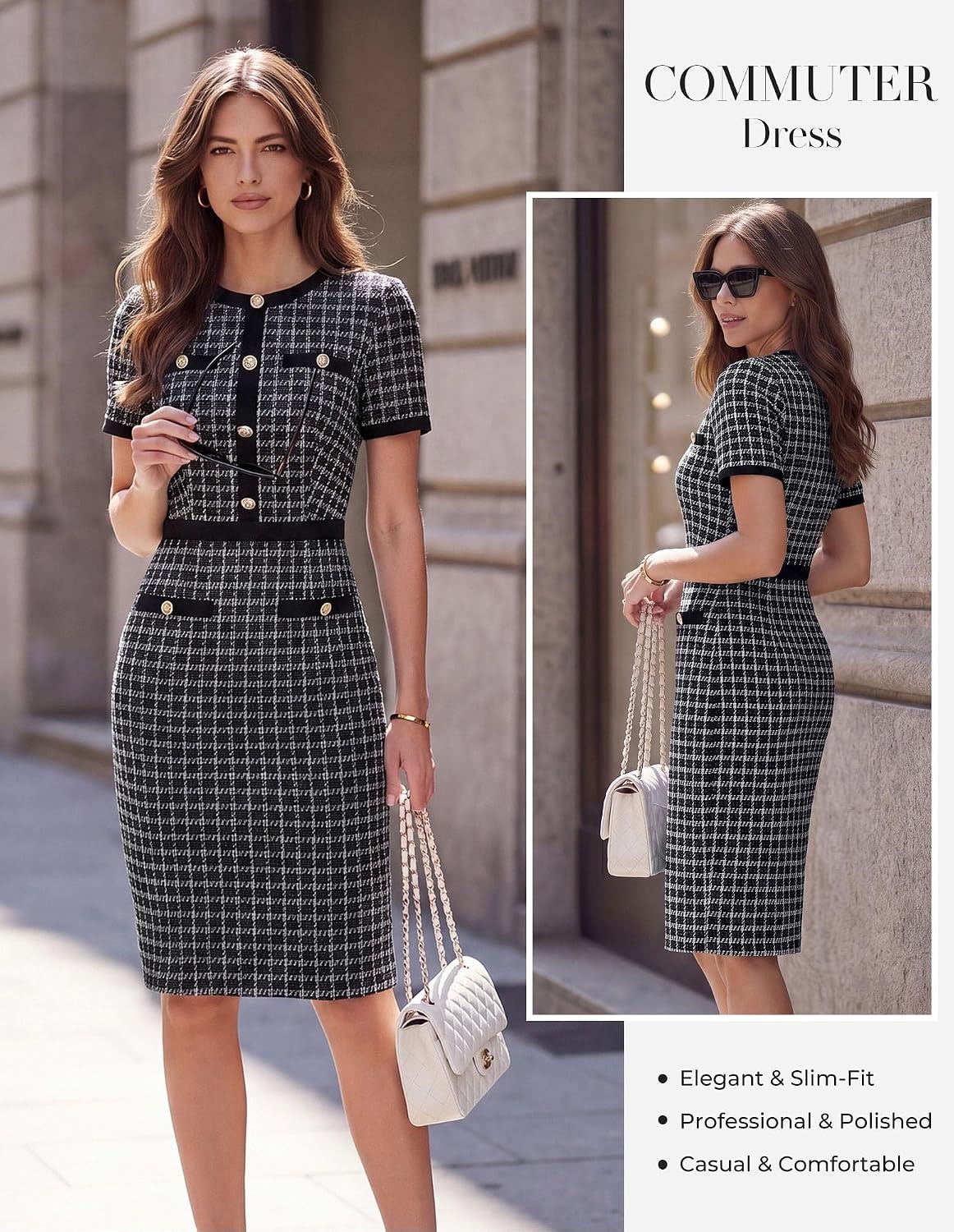 image:imageGRACE KARIN Women Work Business Short Sleeve Bodycon Tweed DressBlack