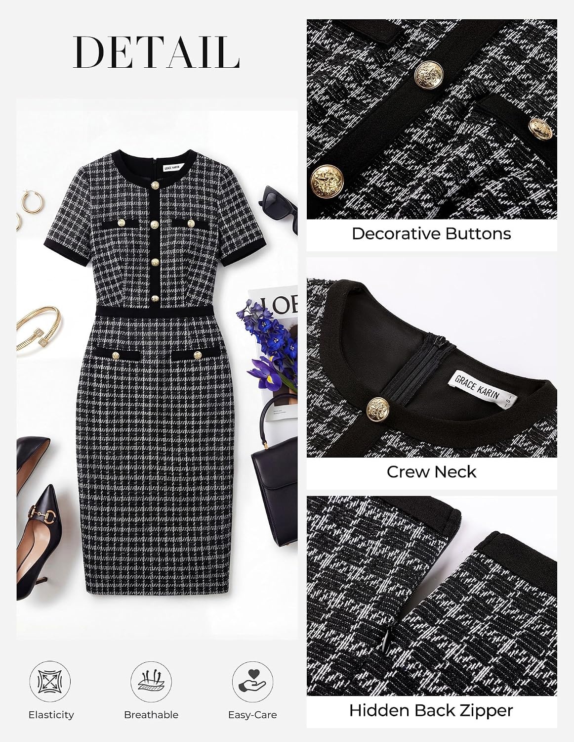 image:imageGRACE KARIN Women Work Business Short Sleeve Bodycon Tweed DressBlack