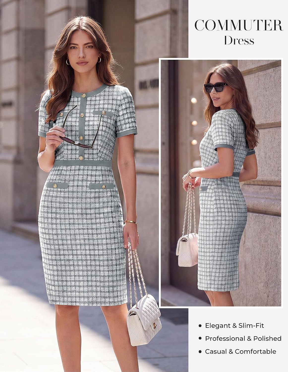 image:imageGRACE KARIN Women Work Business Short Sleeve Bodycon Tweed DressDark Gray