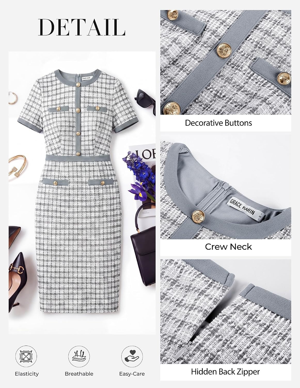image:imageGRACE KARIN Women Work Business Short Sleeve Bodycon Tweed DressDark Gray