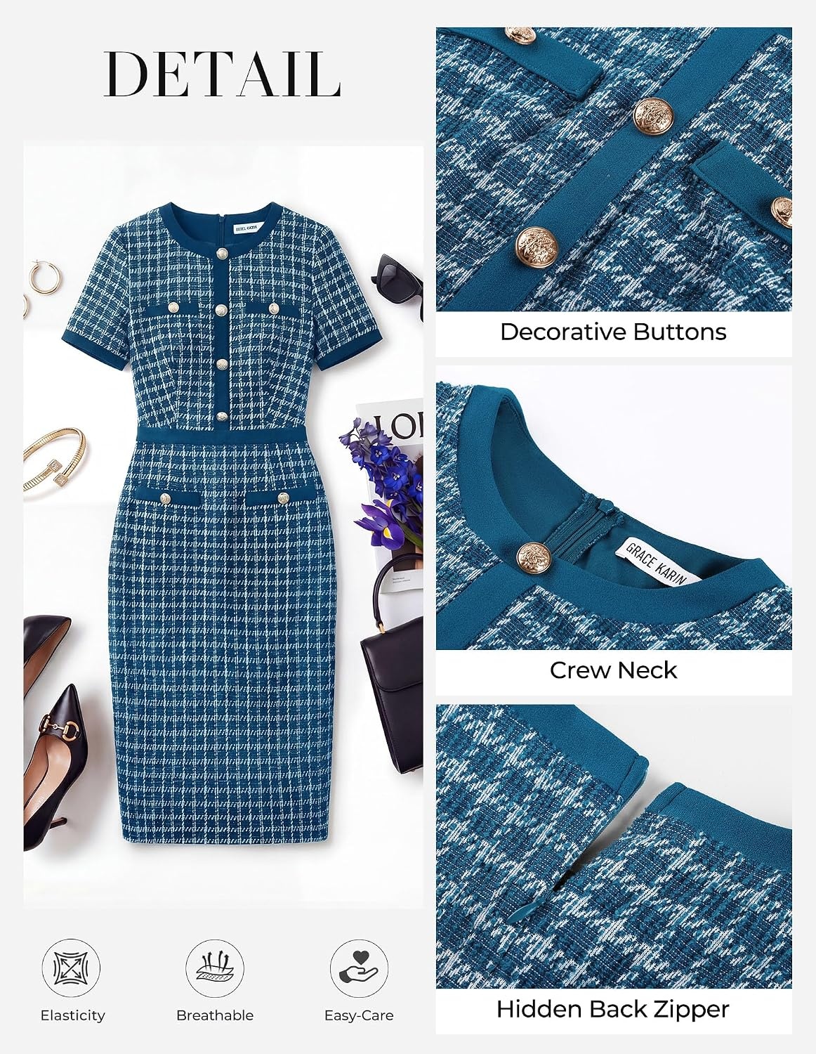 image:imageGRACE KARIN Women Work Business Short Sleeve Bodycon Tweed DressDeep Peacock Blue