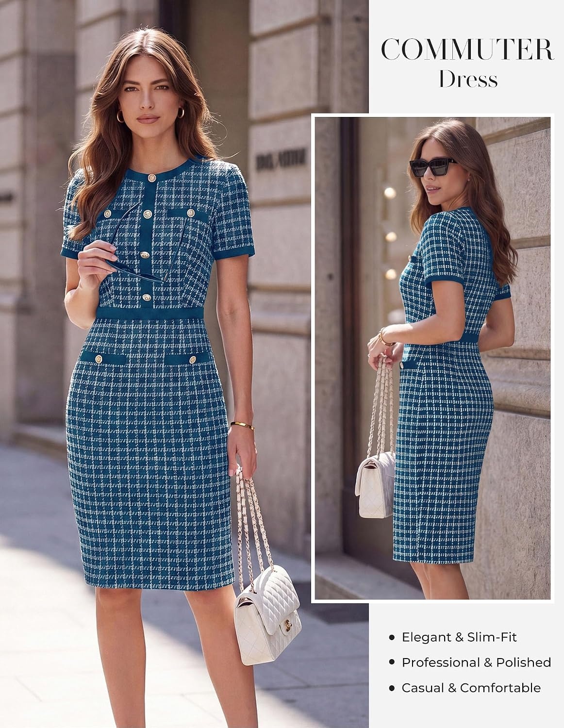image:imageGRACE KARIN Women Work Business Short Sleeve Bodycon Tweed DressDeep Peacock Blue
