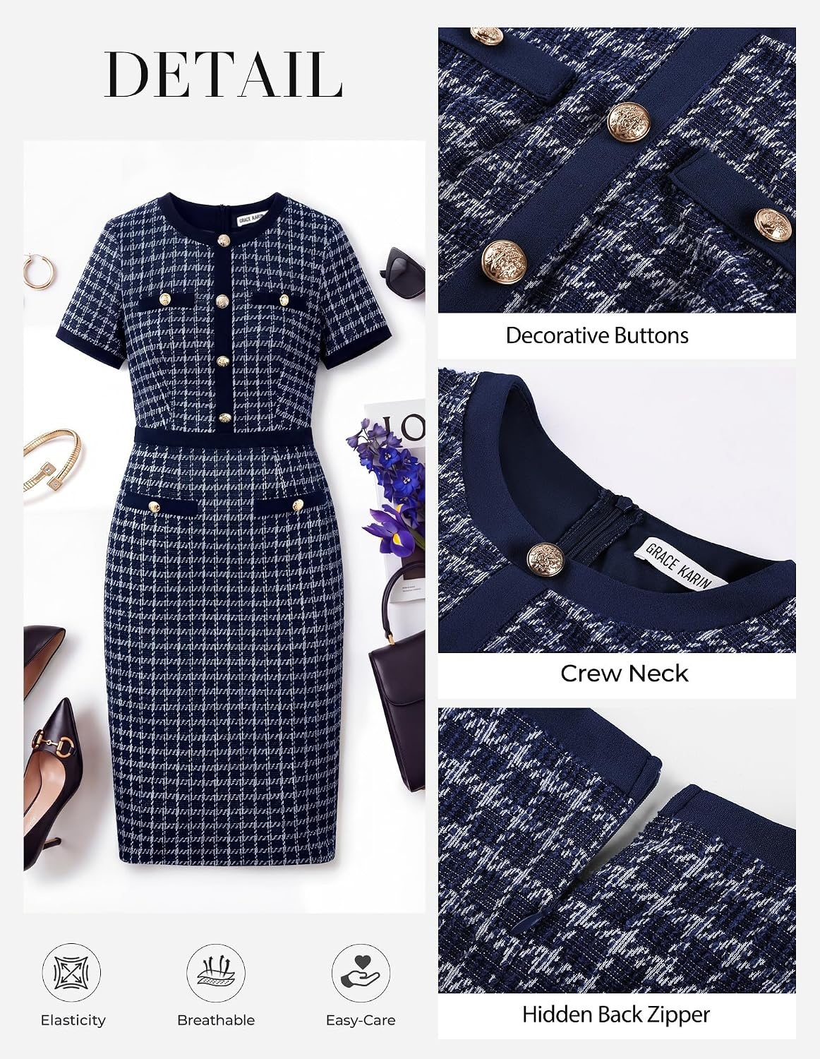 image:imageGRACE KARIN Women Work Business Short Sleeve Bodycon Tweed DressNavy Blue