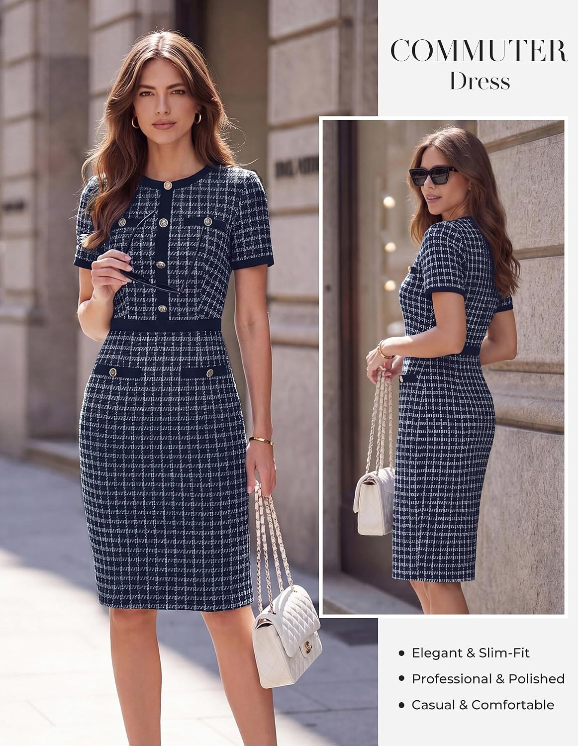 image:imageGRACE KARIN Women Work Business Short Sleeve Bodycon Tweed DressNavy Blue