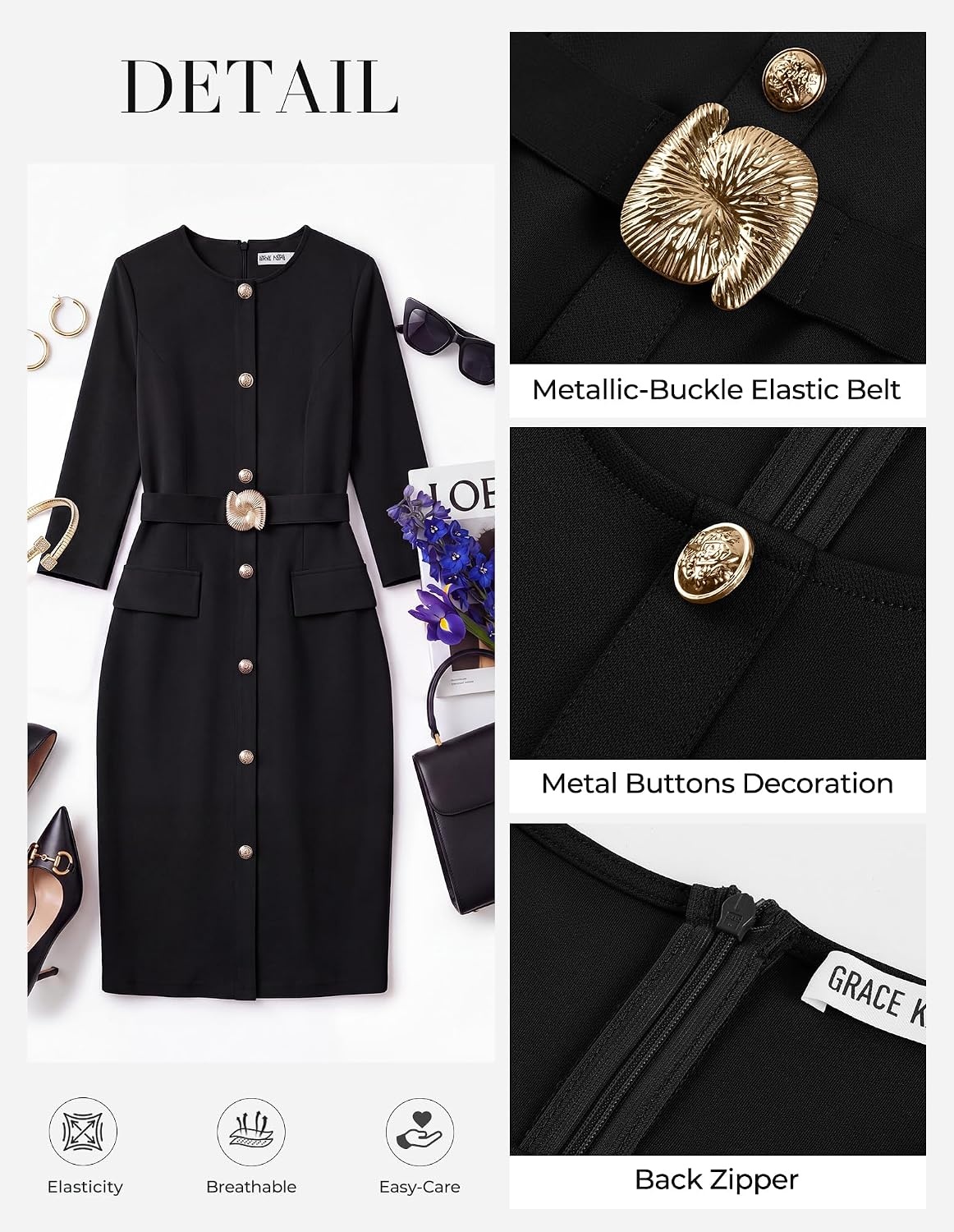 image:imageGRACE KARIN Womens 34 Sleeve Work Office Business Casual DressBlack
