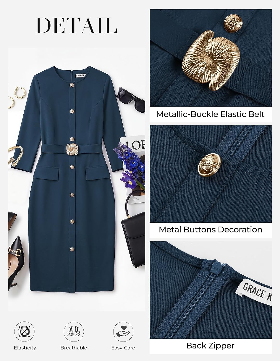 image:imageGRACE KARIN Womens 34 Sleeve Work Office Business Casual DressDeep Peacock Blue