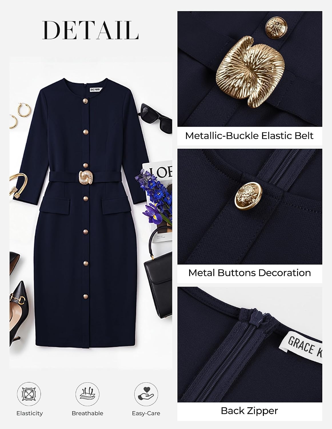 image:imageGRACE KARIN Womens 34 Sleeve Work Office Business Casual DressNavy Blue