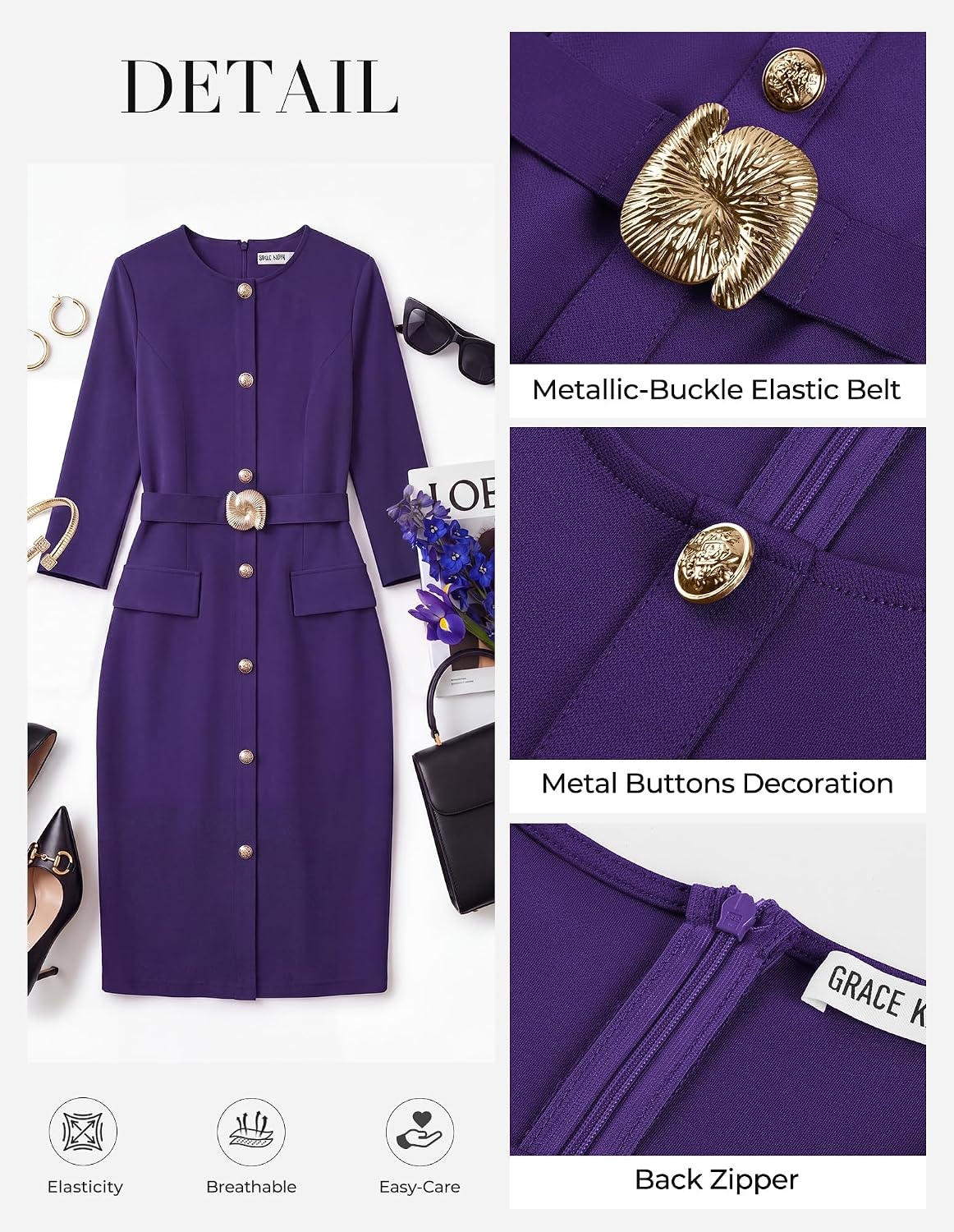image:imageGRACE KARIN Womens 34 Sleeve Work Office Business Casual DressPurple