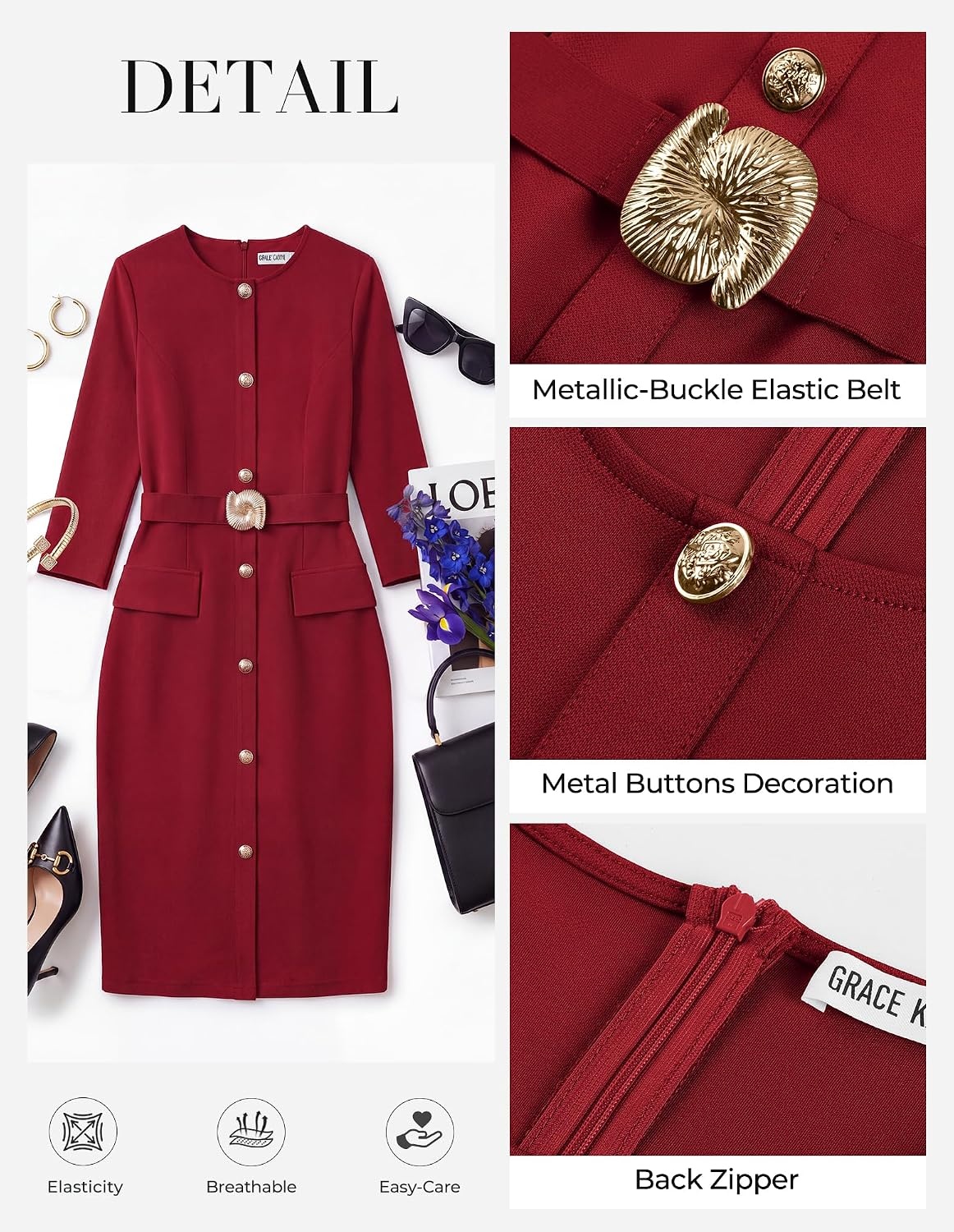 image:imageGRACE KARIN Womens 34 Sleeve Work Office Business Casual DressWine Red
