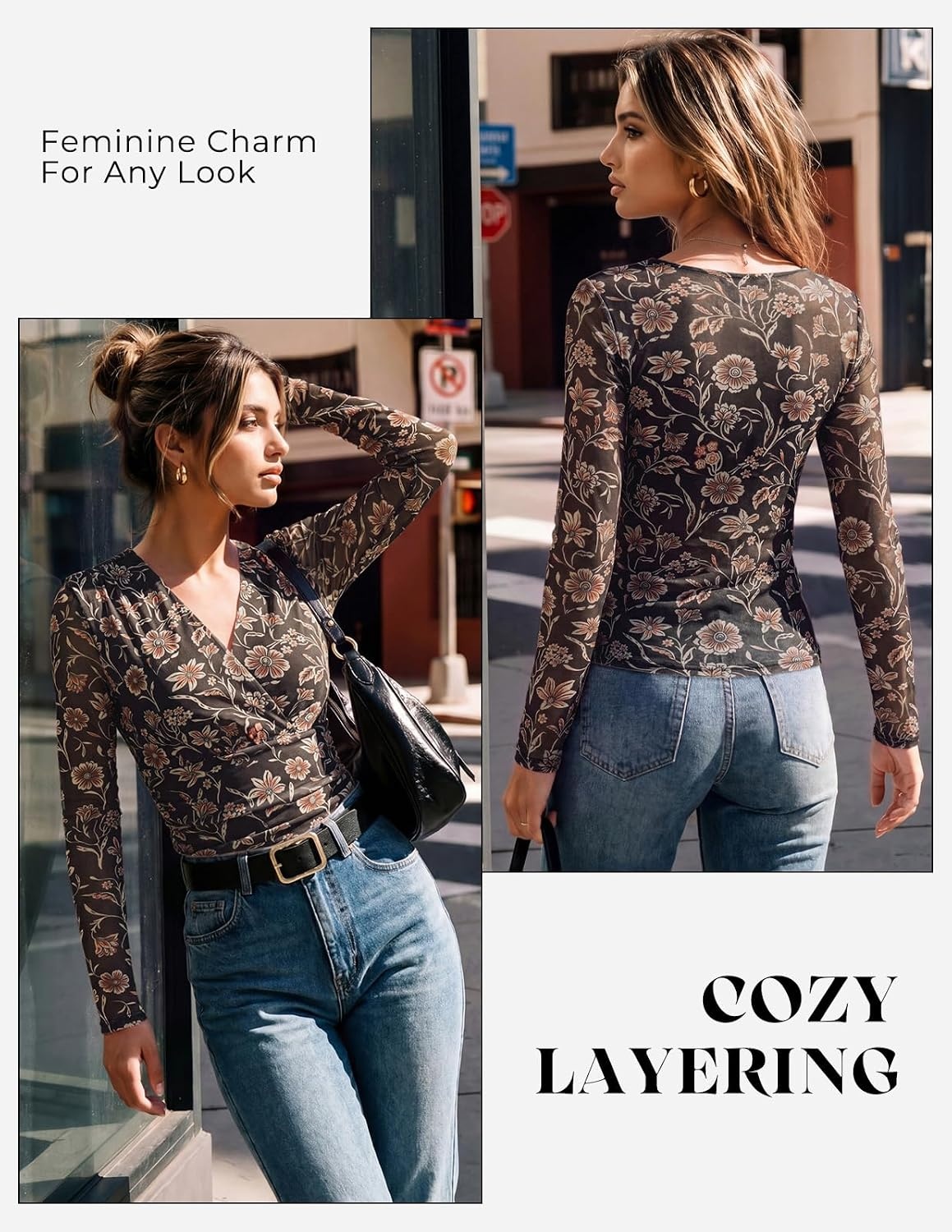 image:imageGRACE KARIN Womens Boho Mesh Tops Long Sleeve Blouses Dressy CasualDark Coffee