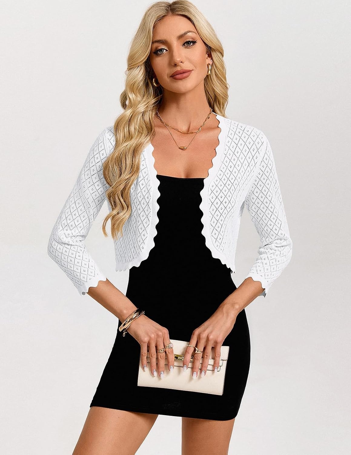 image:imageGRACE KARIN Womens Bolero Shrug 34 Sleeve Crochet Cropped Cardigan Open Front Knit Shrugs for DressesBright White