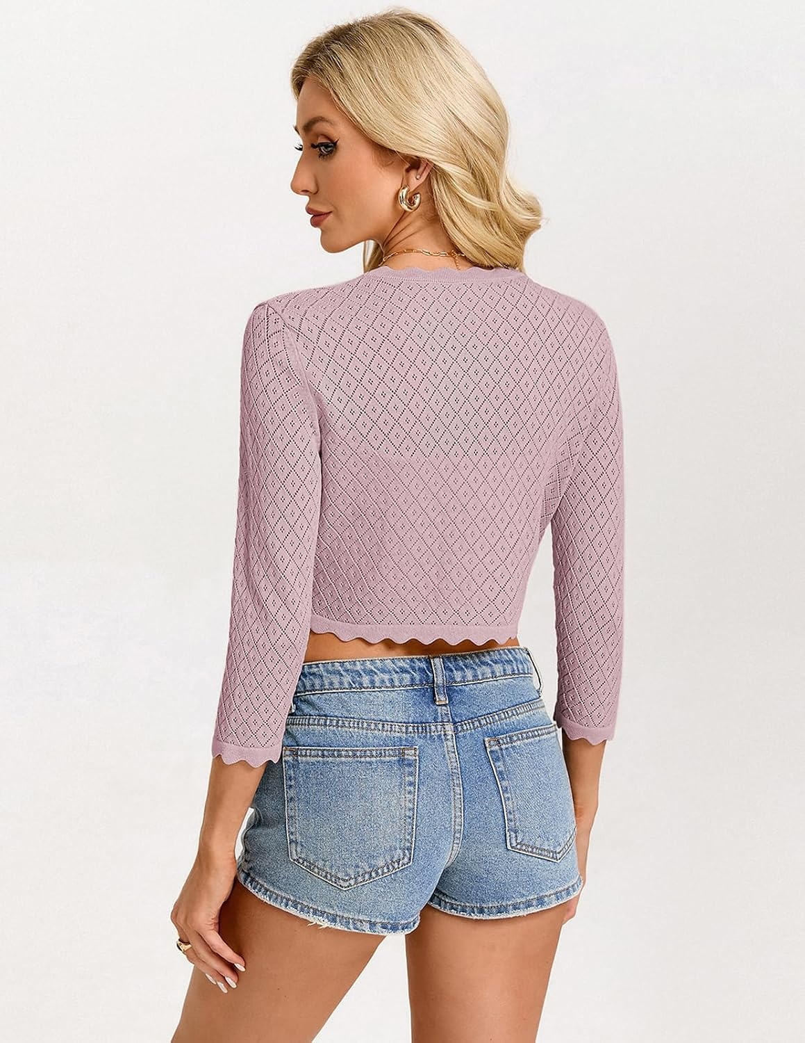 image:imageGRACE KARIN Womens Bolero Shrug 34 Sleeve Crochet Cropped Cardigan Open Front Knit Shrugs for DressesLight Purple