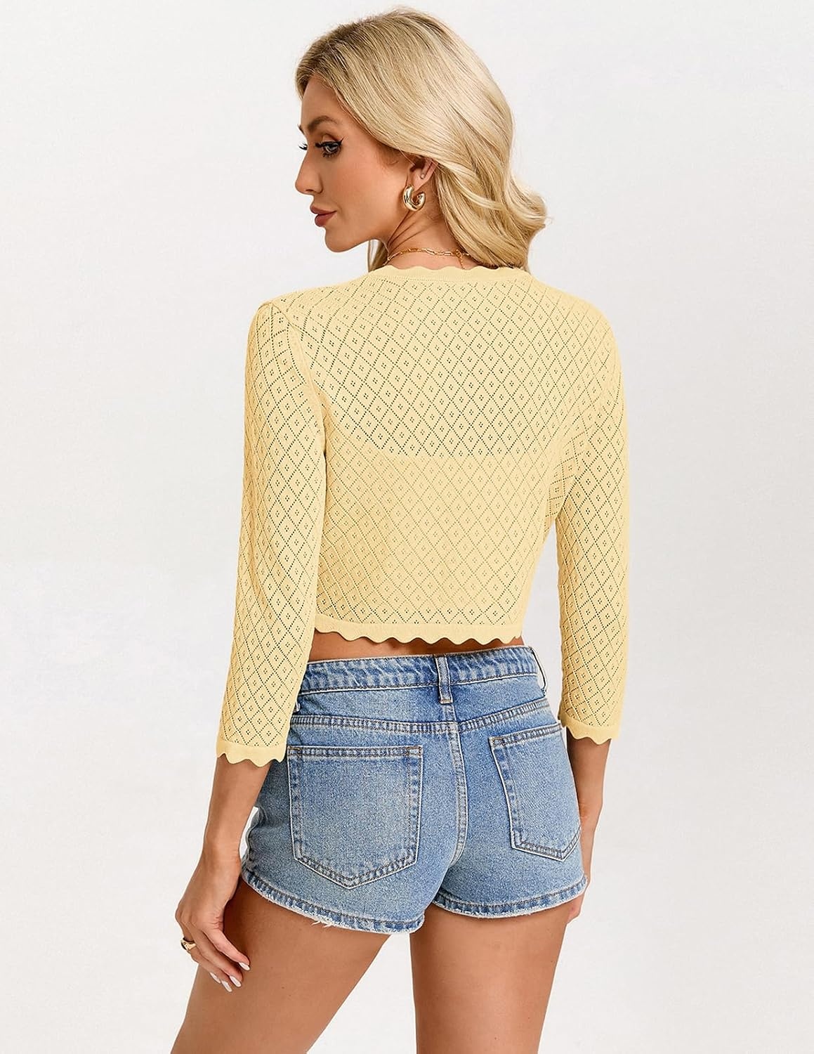 image:imageGRACE KARIN Womens Bolero Shrug 34 Sleeve Crochet Cropped Cardigan Open Front Knit Shrugs for DressesLight Yellow