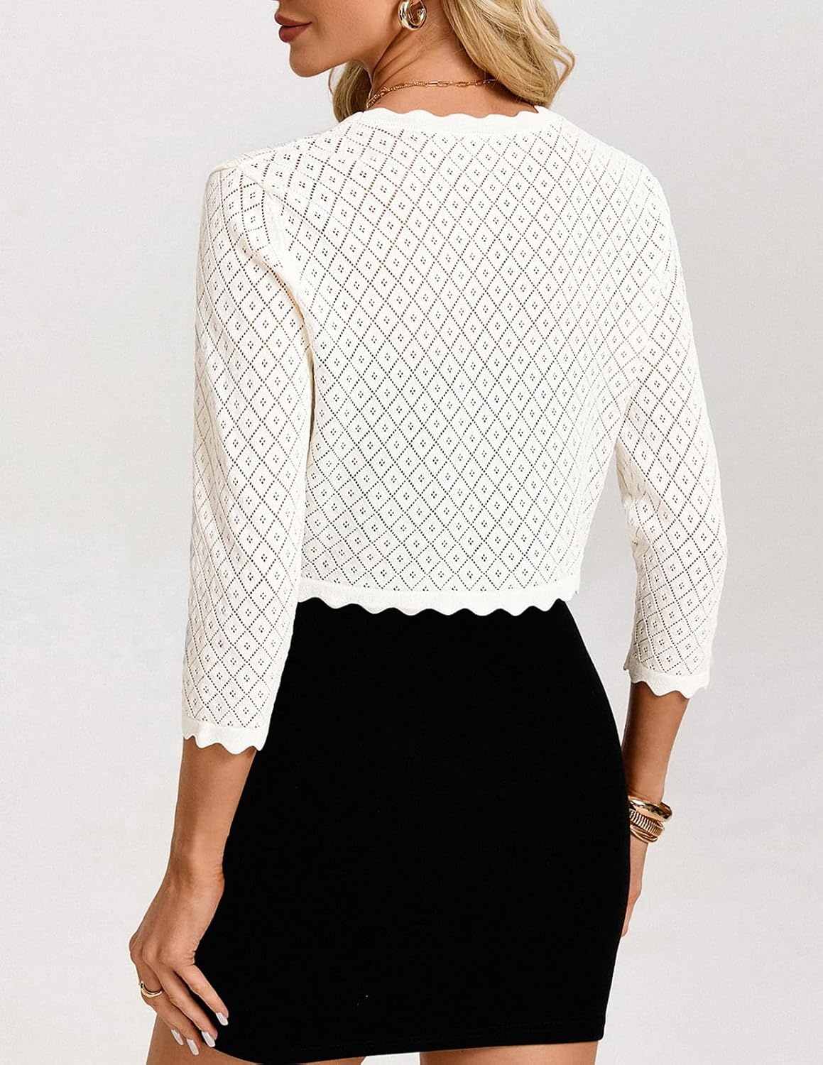 image:imageGRACE KARIN Womens Bolero Shrug 34 Sleeve Crochet Cropped Cardigan Open Front Knit Shrugs for DressesWhite