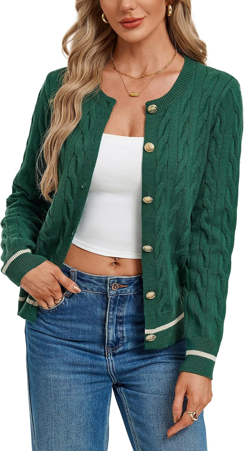 image:imageGRACE KARIN Womens Button Up Cable Knit Cardigan Sweaters Fall Outfits 2026Deep Green Beige Striped