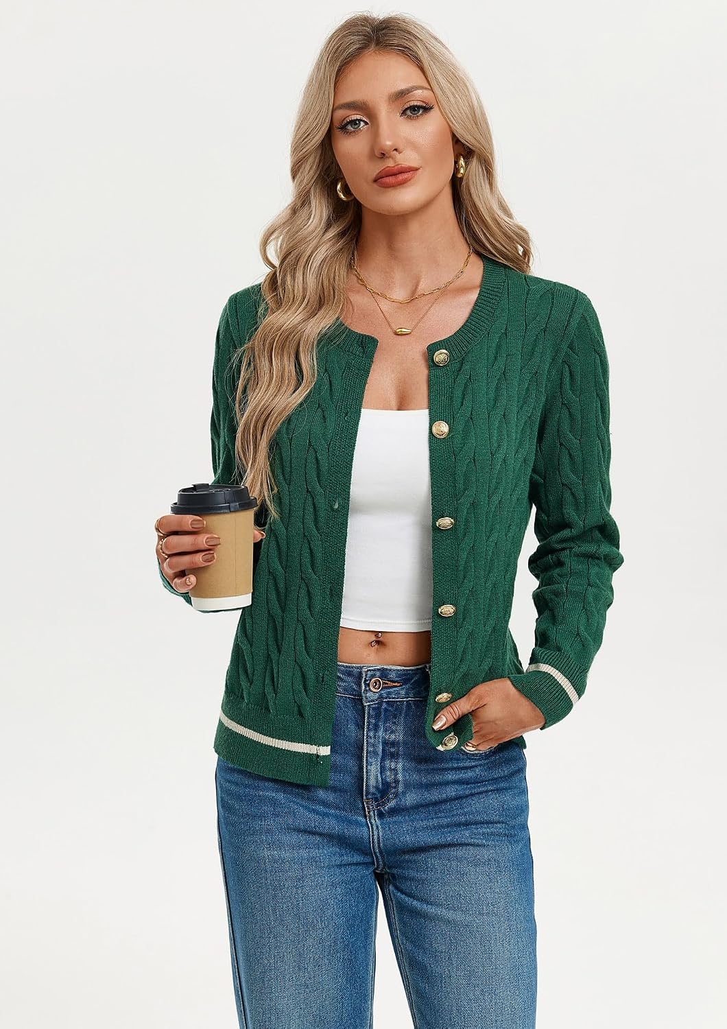 image:imageGRACE KARIN Womens Button Up Cable Knit Cardigan Sweaters Fall Outfits 2026Deep Green Beige Striped